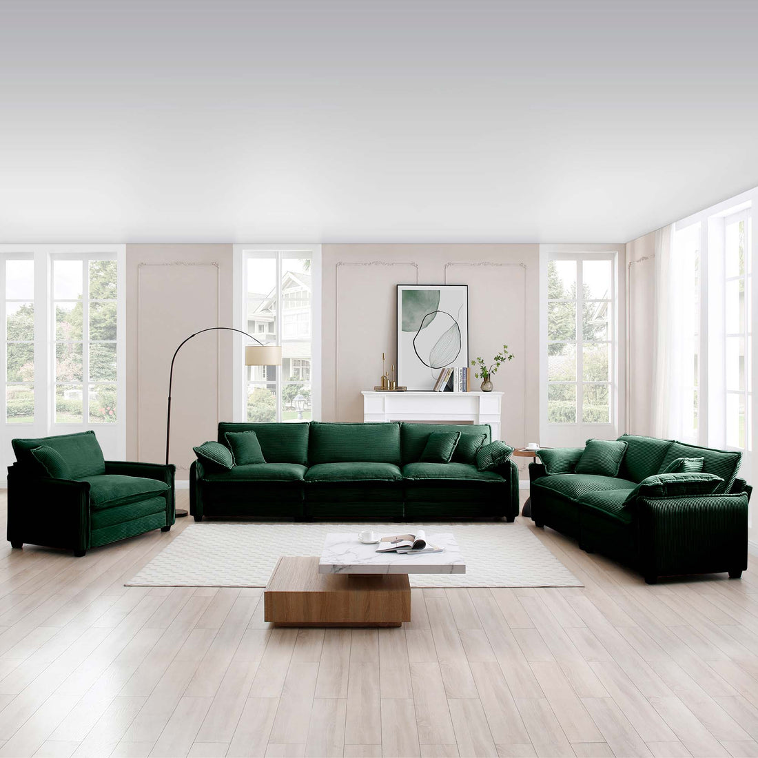 3 Piece Comfortable Oversized Sectional Sofa, One Single Sofa And One 2 Seater Sofa And One 3 Seater Sofa ,Green Corduroy Deep Seat Sofa Green Corduroy 6 Seat