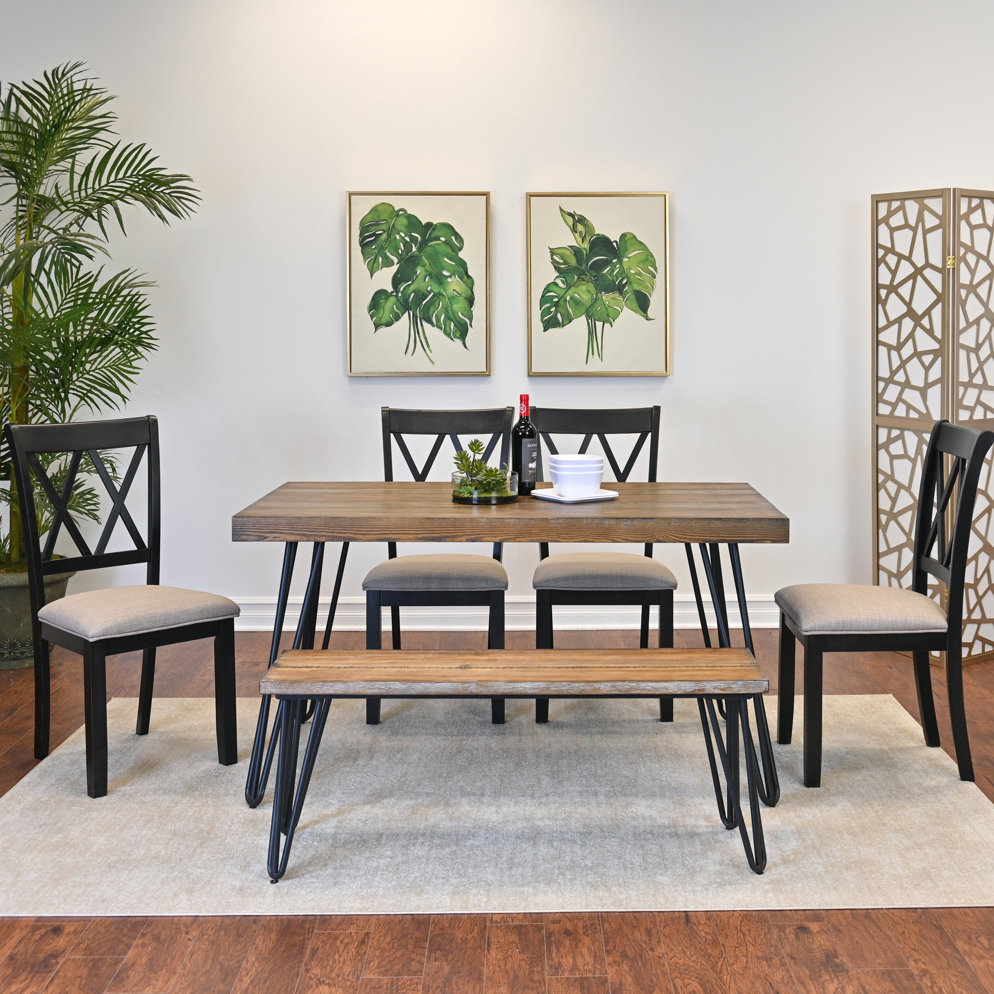 Arroyo 6 Piece Dining Set, Hairpin Dining Table With 4 Cross Back Chairs And Bench, Rich Black Brown Metal Dining Room Fixed Table Rubberwood Rectangular Dining Table With Chair And Bench Wood Wood Brown Seats 6 Rectangular 4 Leg Mdf