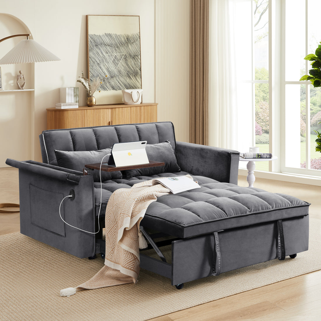 55.5 "3 In 1 Foldable Sofa Bed, Modern Velvet Double Sofa, Sofa Bed With Adjustable Back, Storage Bag And Pillow, Hidden Living Room Laptop Desk With Usb Port, Suitable For Living Room, Bedr Dark