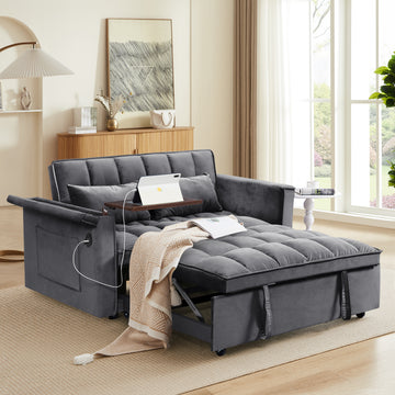 55.5 "3 In 1 Foldable Sofa Bed, Modern Velvet Double Sofa, Sofa Bed With Adjustable Back, Storage Bag And Pillow, Hidden Living Room Laptop Desk With Usb Port, Suitable For Living Room, Bedr Dark