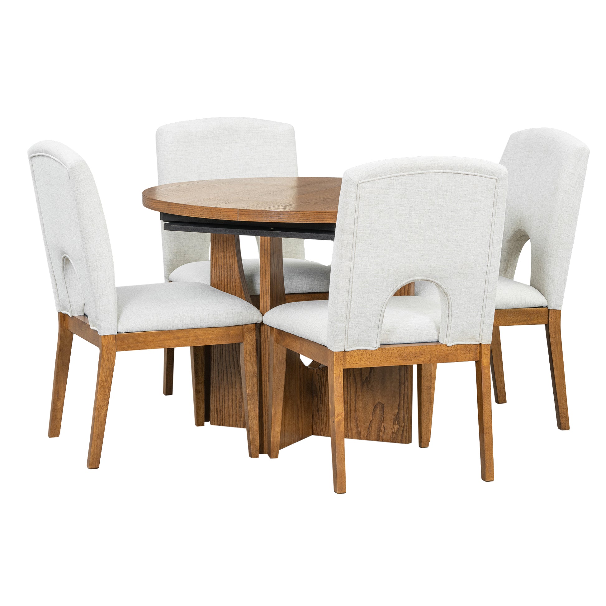 Modern 5 Piece Extendable Round Dining Table Set With 16.2Inch Removable Leaf For Small Places, Walnut Beige Wood Dining Room Solid Wood Rubberwood Round Dining Table With Chair Upholstered Chair Wood Walnut Seats 4 Removable Leaf Contemporary Round