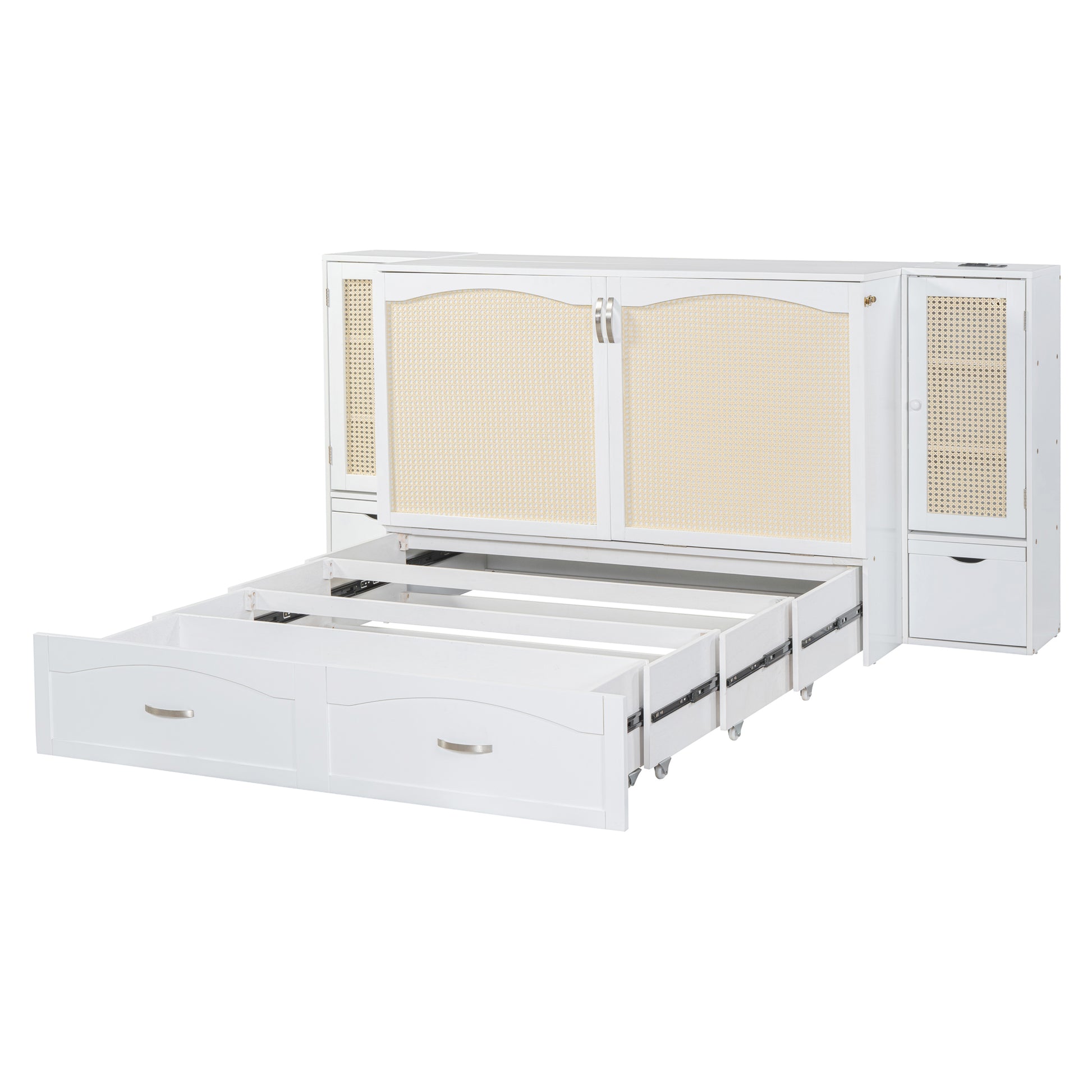Queen Size Murphy Bed Wall Bed With Drawer And Rattan Decoration With 2 Storage Cabinets, One Set Of Sockets & Usb Ports, Pulley Structure Design, White Queen White Plywood
