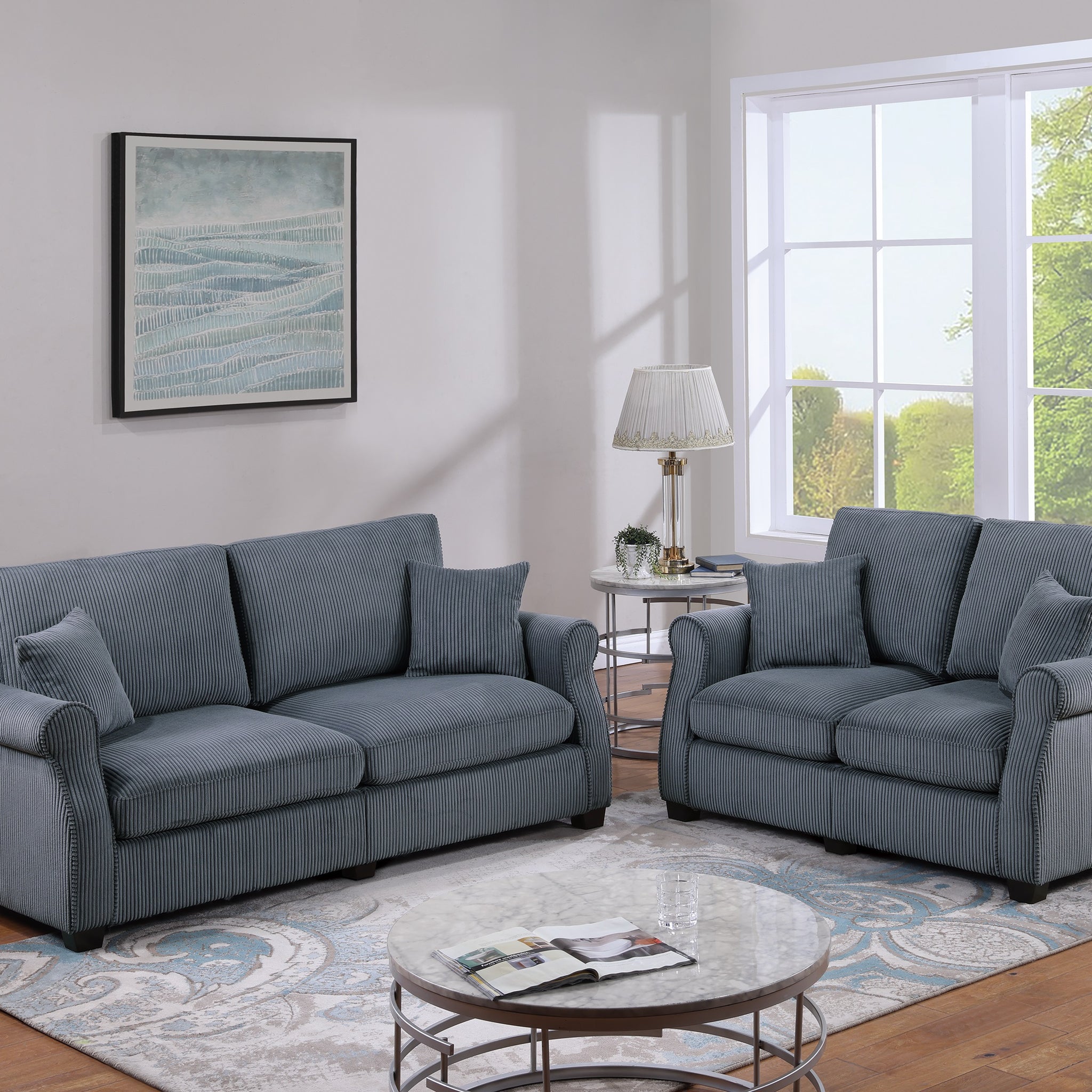 Classic Living Room 2Pc Sofa Set Dark Gray Corduroy Sofa Loveseat W Pillows Square Arms Plush Couch Dark Gray Primary Living Space Cushion Back Classic,Contemporary,Modern Rubberwood Rolled Arms Corduroy 4 Seat