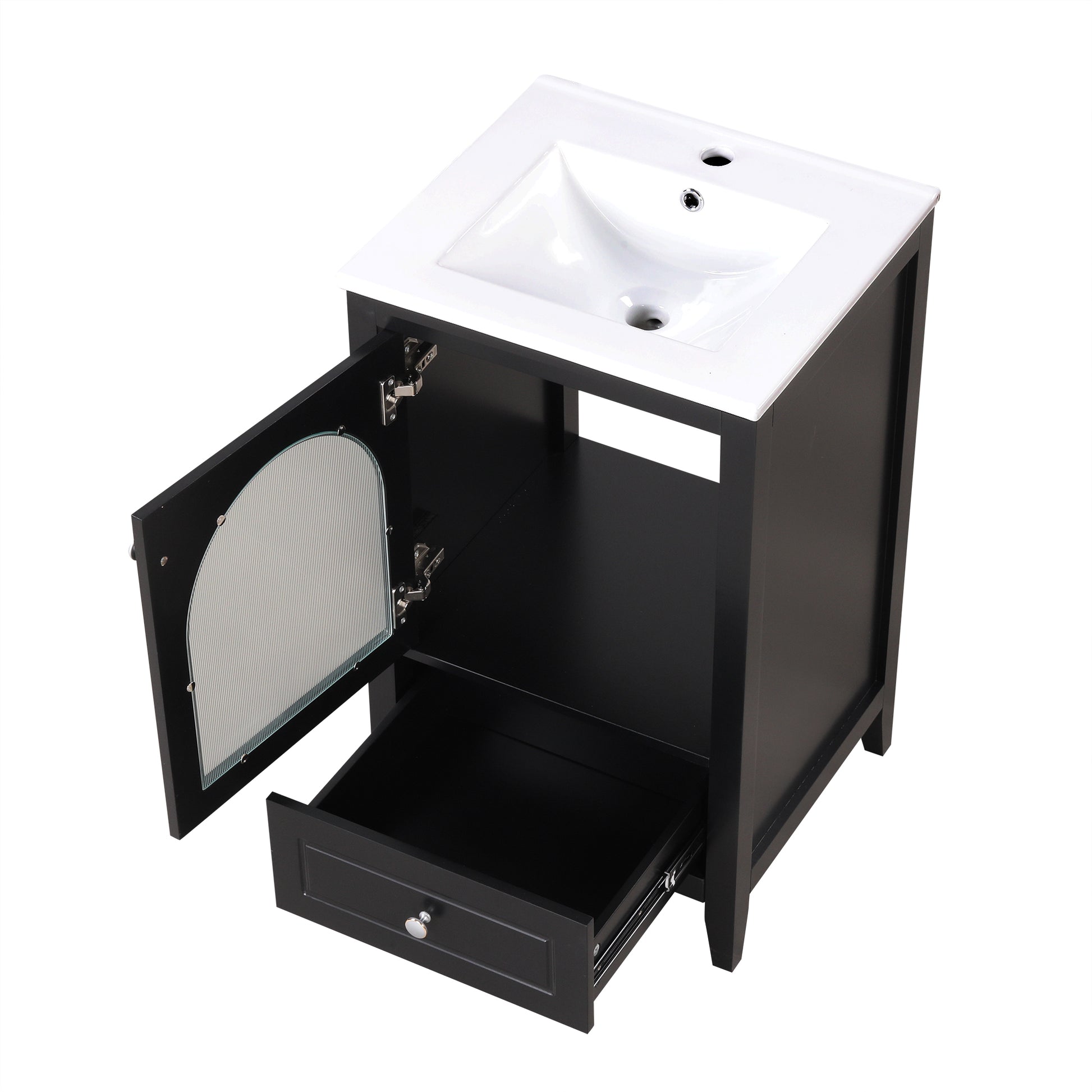 20" Bathroom Vanity With Sink, Bathroom Cabinet With Soft Closing Glass Door, A Drawer, Black Black Mdf