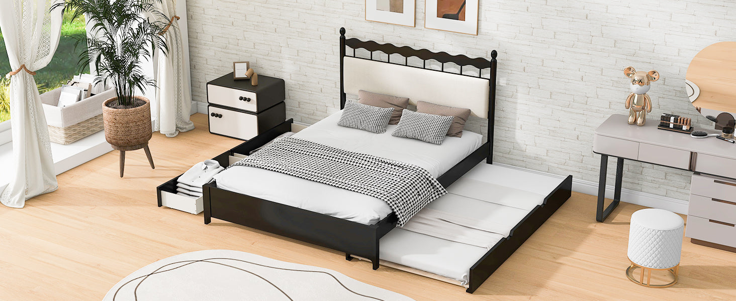 Queen Size Wooden Storage Platform Bed, With 2 Big Drawers, T Size Trundle ,Espresso Queen Espresso Plywood