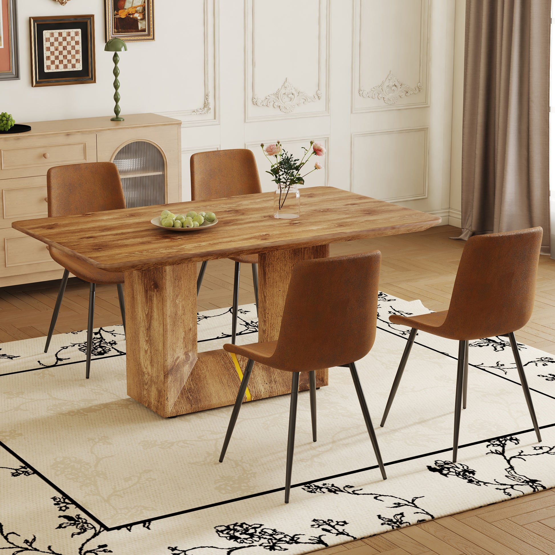 Table And Chair Set. Modern Dining Table With Mdf Top And Beautiful Mdf Legs. Comes With Brown Comfortable Chair With Seat And Metal Legs. Suitable For A Wide Range Of Decorative Styles. Brown,Wood Seats 4 Mdf