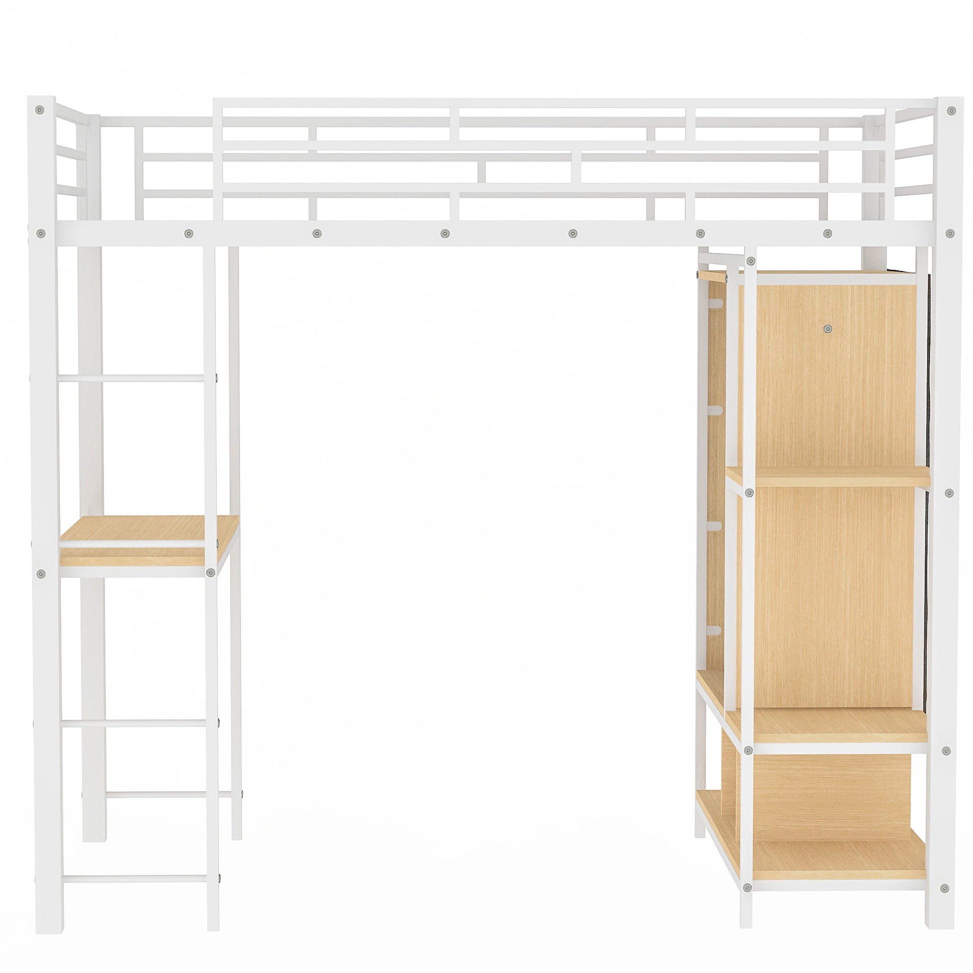Twin Size Metal Loft Bed With Built In Wardrobe, Desk And Shelves, White Box Spring Not Required Twin White Metal Mdf Metal