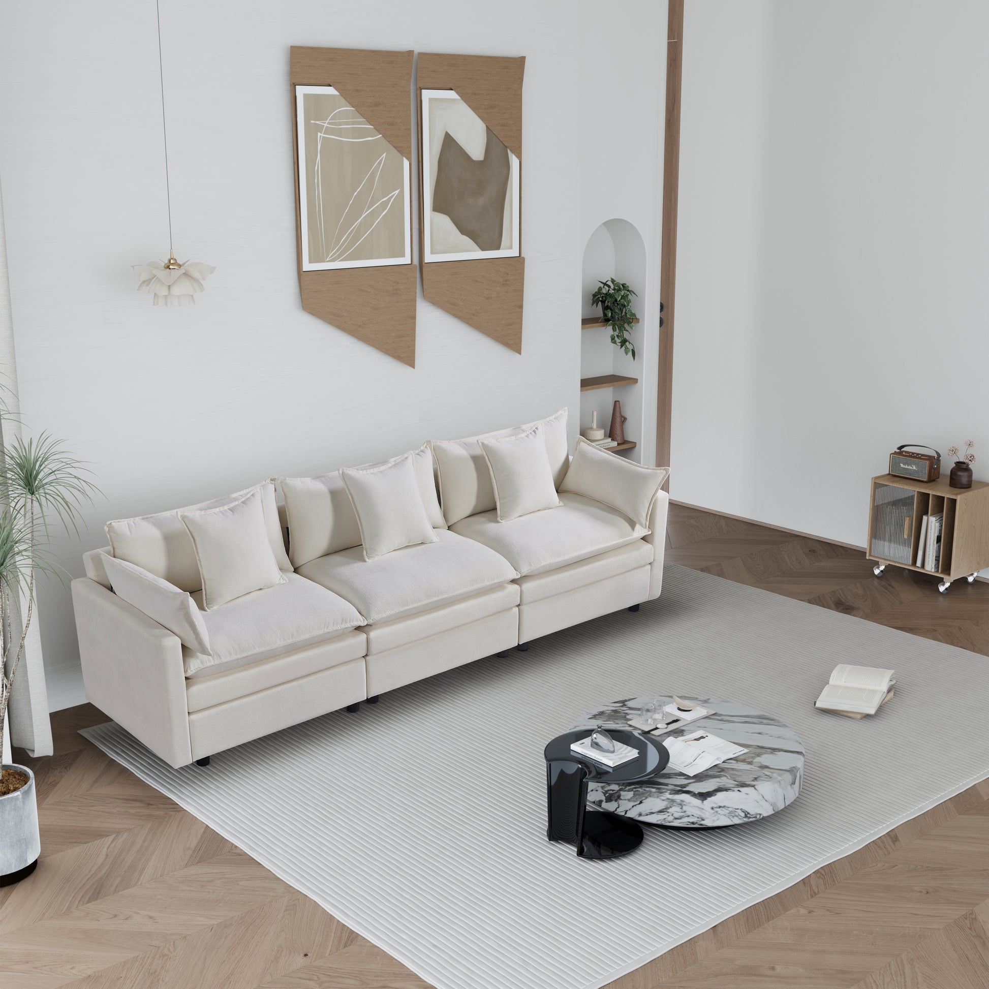 108.66"Modern Chenille L Shaped Sectional Sofa With Convertible Chaise, Comfy Cloud Couch Deep Sectional Sofa With Ottomans For Living Room White Wood Foam Chenille 3 Seat