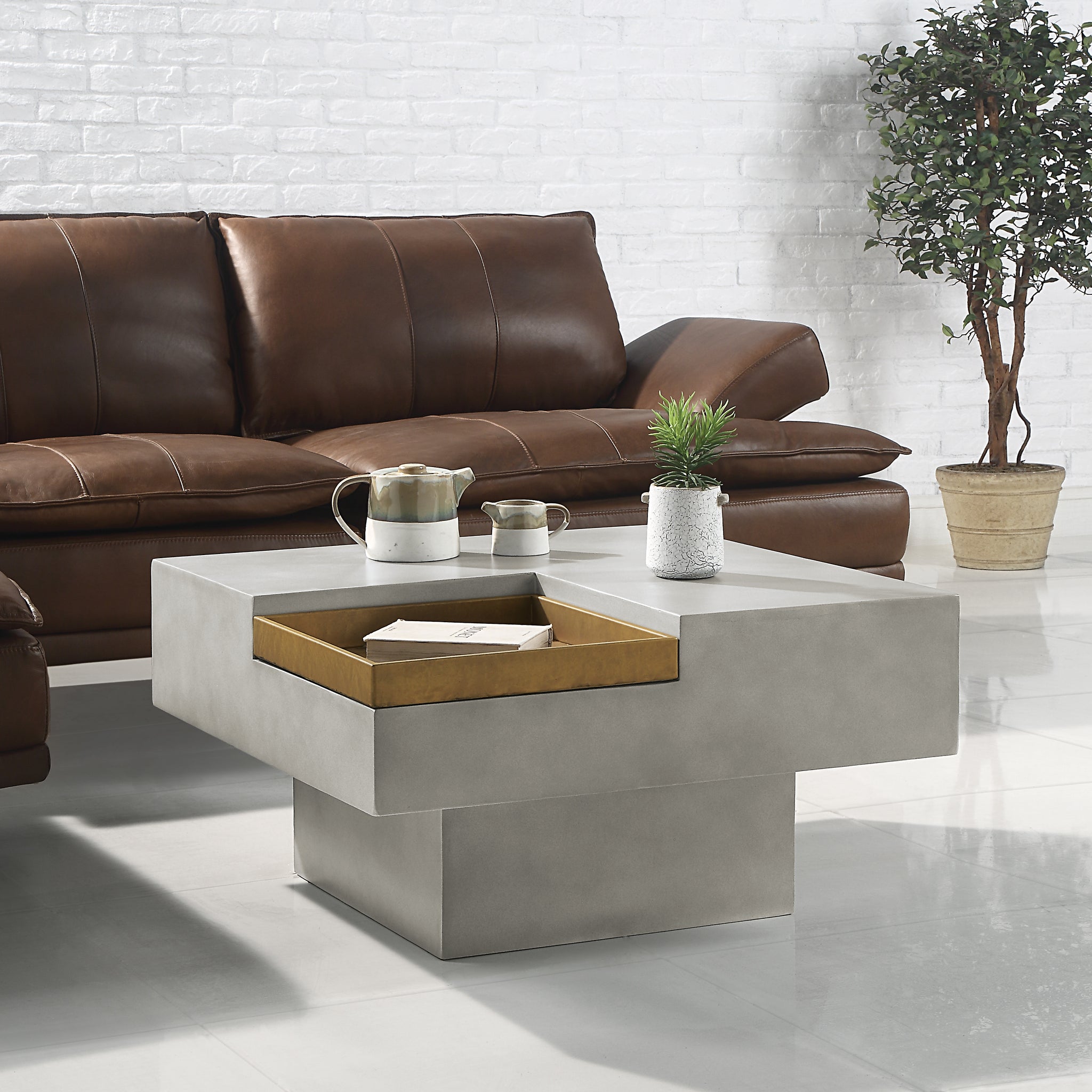 Weathered Grey Coffee Table With Square Top And Pedestal Base Grey Primary Living Space Contemporary Square Cement Pedestal