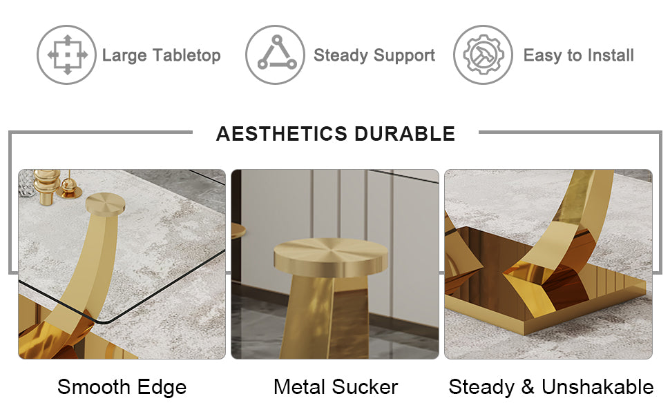 Table And Chair Set.Modern Rectangular Dining Table With Transparent Tempered Glass Tabletop And Gold Plated Metal Legs.Paried With 8 Comfortable Chairs With Pu Seats And Golden Metal Legs. Grey Gold,Transparent Seats 8 Glass Metal