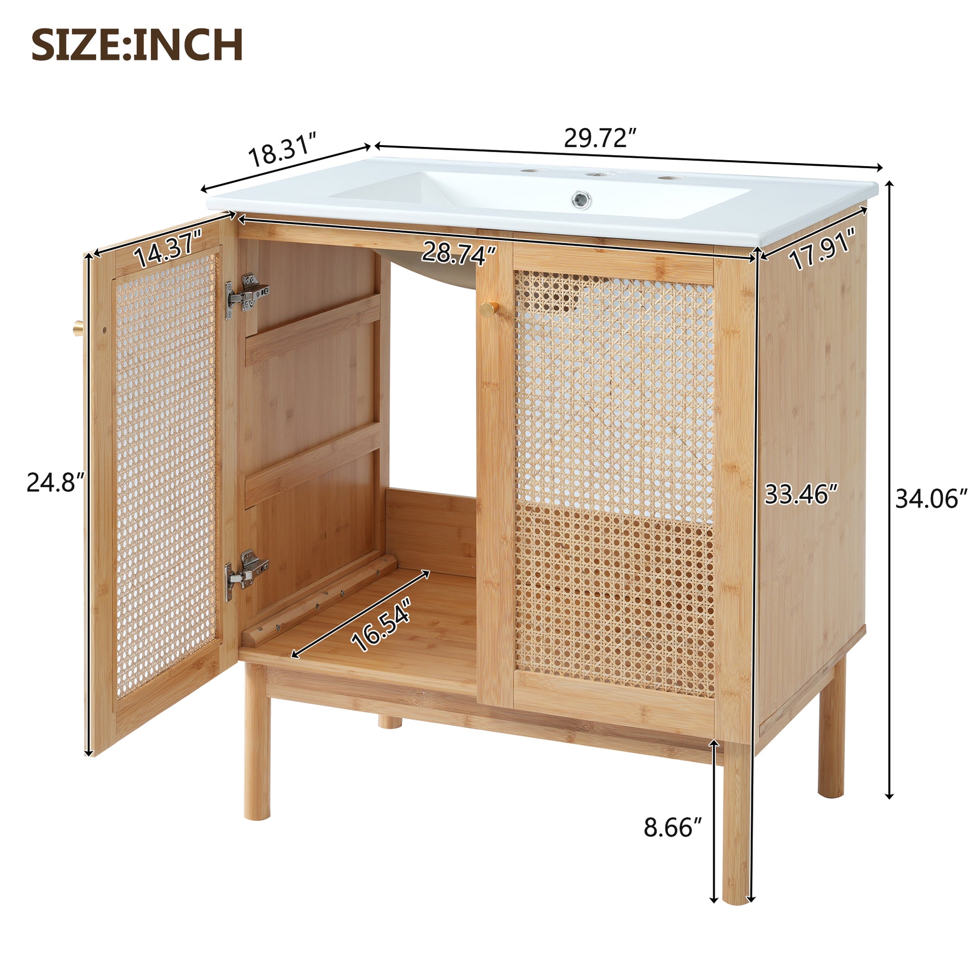 30 Inch Bathroom Vanity Crafted From Natural Materials, Featuring Handmade Rattan Doors And Soft Closing Mechanisms Wood Wood Rattan