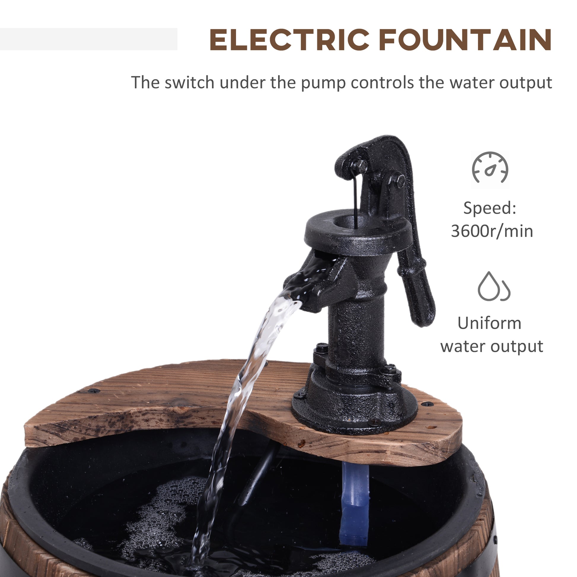 Outsunny 23" H Outdoor Water Fountain Wood And Metal Rustic Apple Barrel Pump Garden Decor For Outside Backyard Brown Wood