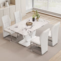 Table And Chair Set, Modern Luxurious White Imitation Marble Pattern Mdf Dining Table,Rectangular Dining Table, Matched With Uniquely Shaped Pu High Backrest Seats,Suitable For Various Occasions. White Seats 4 Mdf