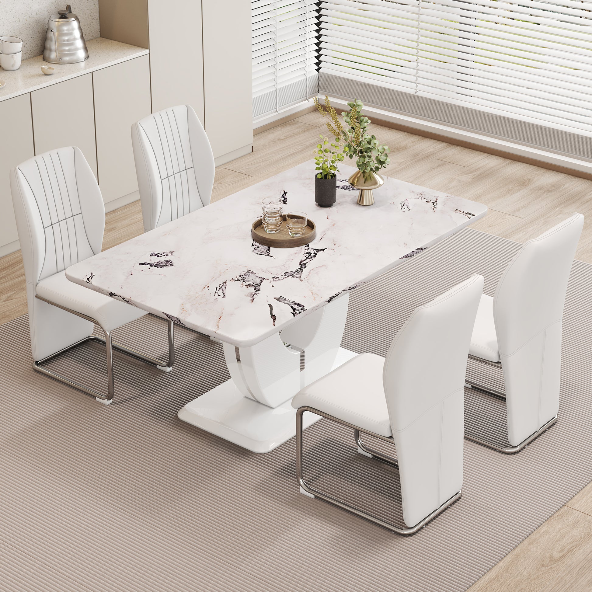 Table And Chair Set, Modern Luxurious White Imitation Marble Pattern Mdf Dining Table,Rectangular Dining Table, Matched With Uniquely Shaped Pu High Backrest Seats,Suitable For Various Occasions. White Seats 4 Mdf