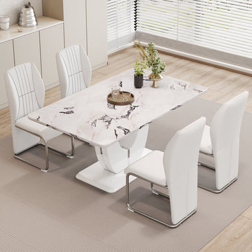 Table And Chair Set, Modern Luxurious White Imitation Marble Pattern Mdf Dining Table,Rectangular Dining Table, Matched With Uniquely Shaped Pu High Backrest Seats,Suitable For Various Occasions. White Seats 4 Mdf