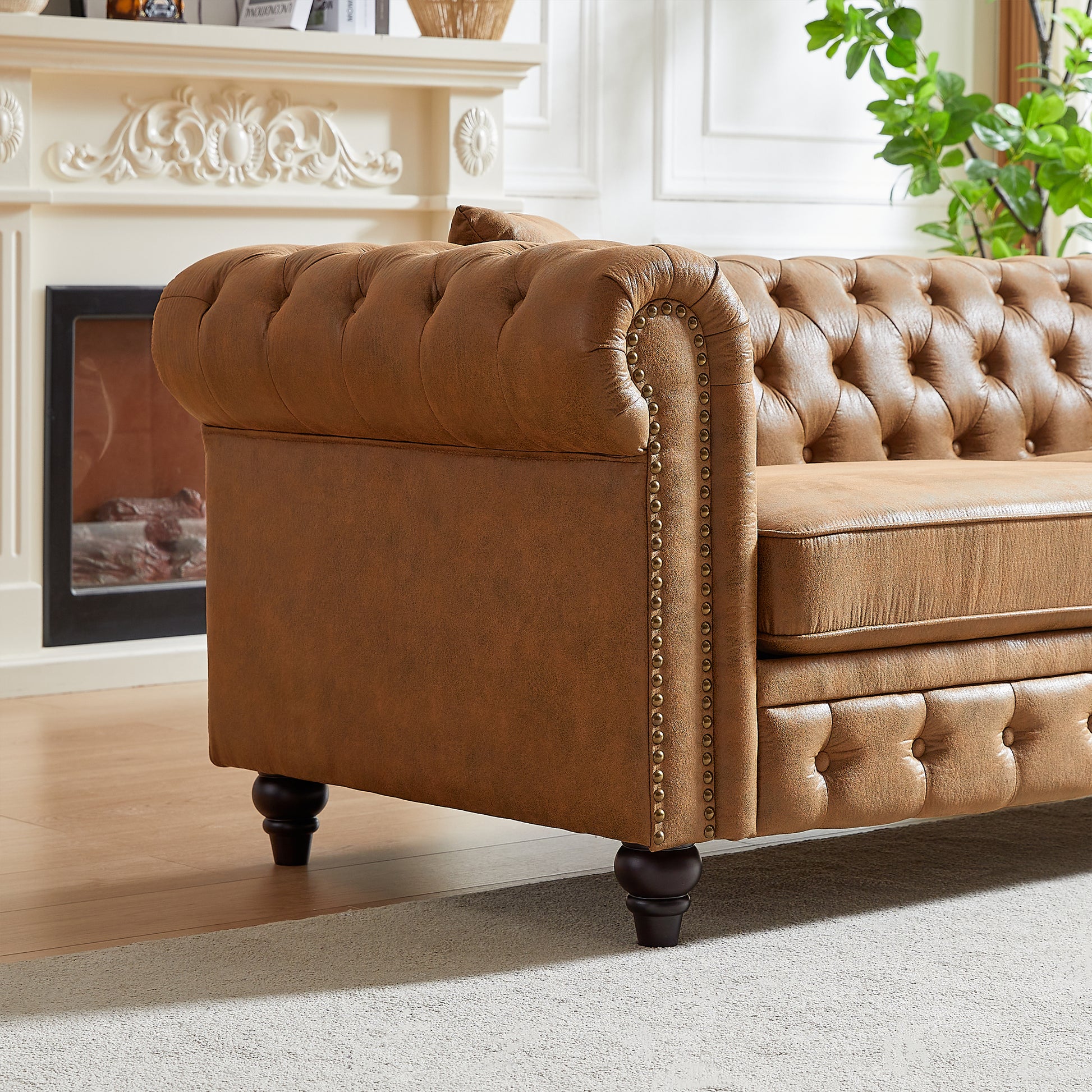 Fx 85.5"Living Room With Tech Fabric Chesterfield Sofa With Rolled Arms 3 Seater Sofa With Button Design And 2 Cushions For Apartment, Office, Living Room Brown Polyester Wood Primary Living Space Pine Foam Fabric 3 Seat