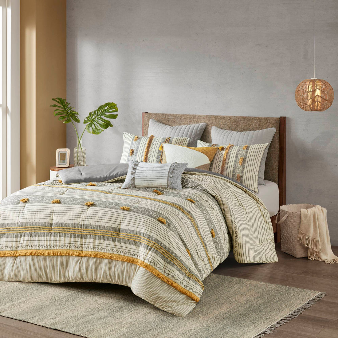 3 Piece Cotton Comforter Set Gray Yellow King Cal King King Gray Yellow Cotton