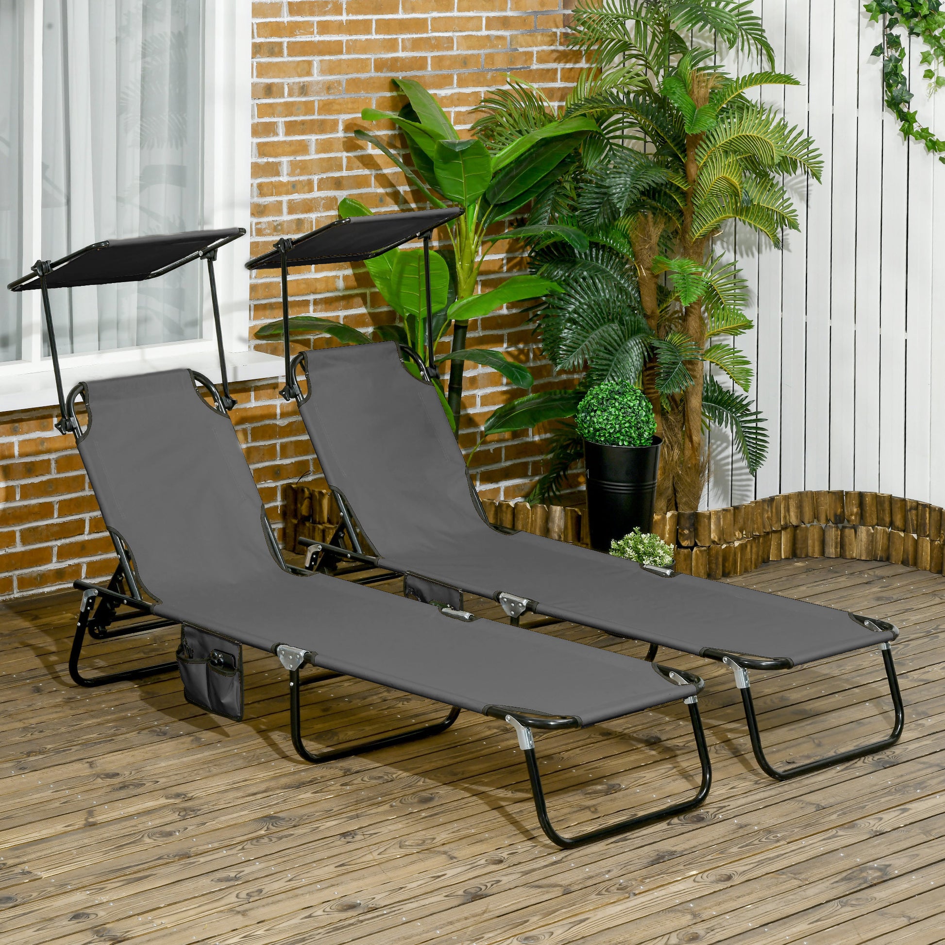 Outsunny Folding Chaise Lounge Pool Chairs, Outdoor Sun Tanning Chairs With Canopy Shade, Reclining Back, Steel Frame And Side Pocket For Beach, Yard, Patio, Dark Gray Dark Grey Steel