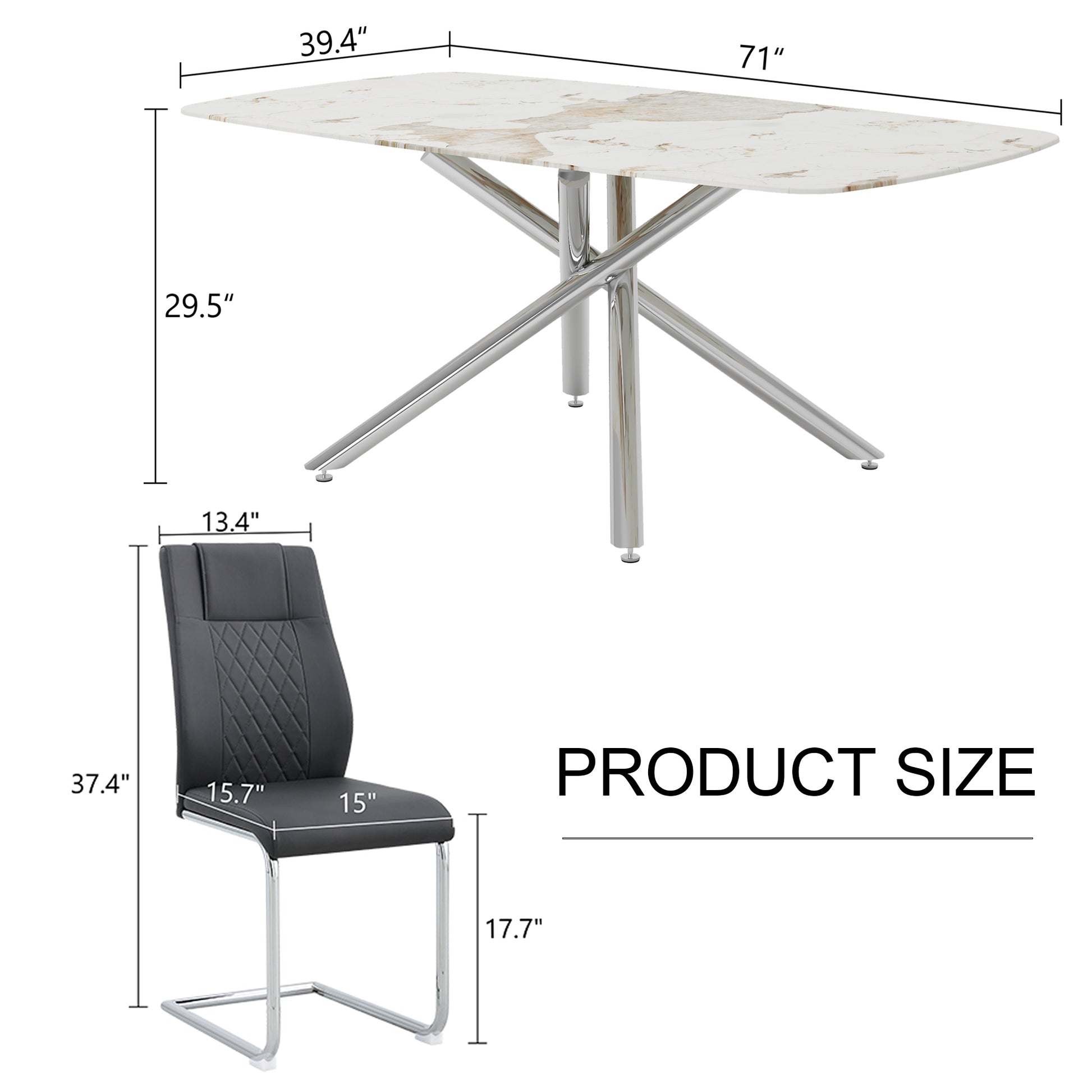 Table And Chair Set, Large Modern Minimalist Rectangular Dining Table, 0.39 "Imitation Marble Tabletop And Silver Metal Legs, Soft Leather Seats. F 1537 Silver Glass Metal
