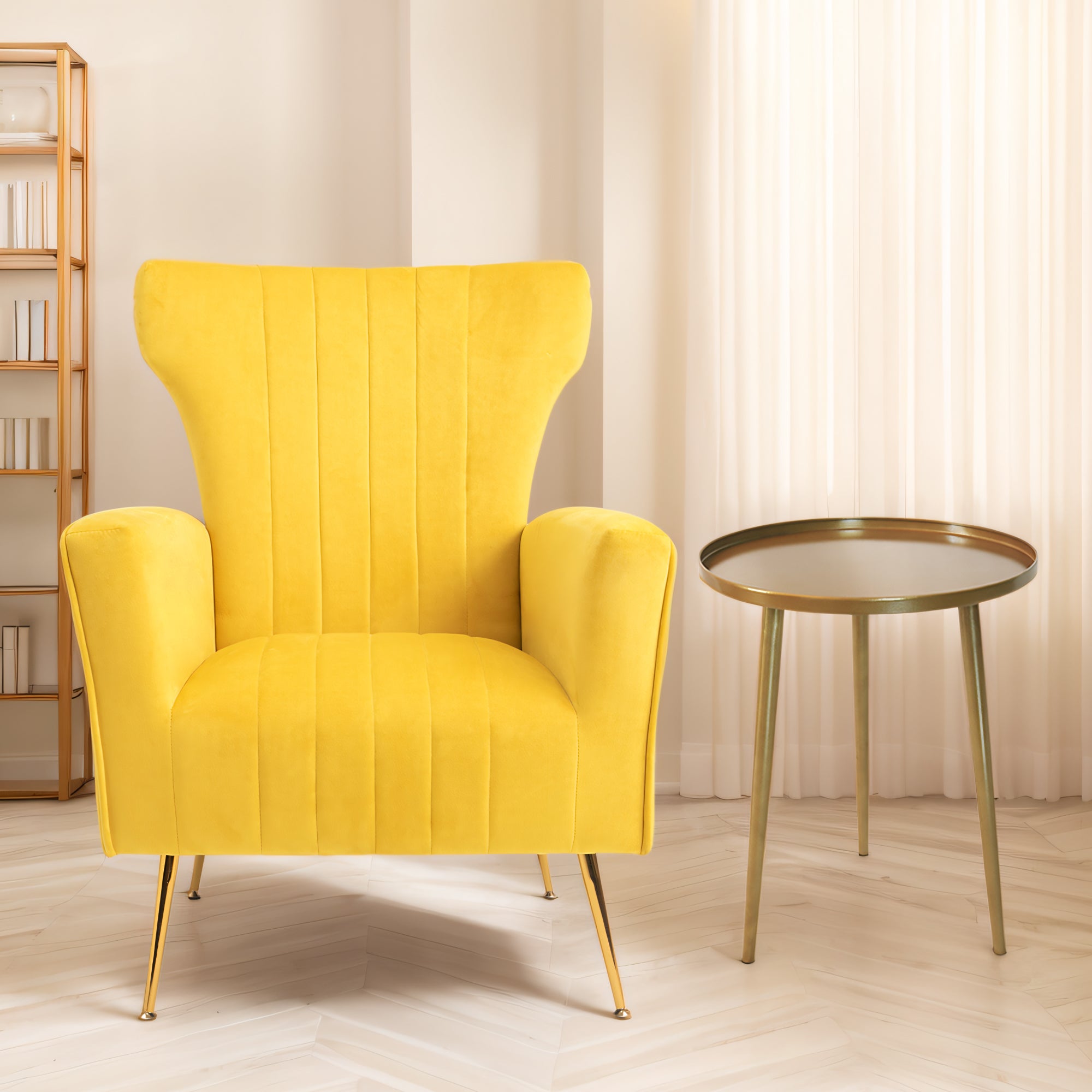 Velvet Accent Chair, Wingback Arm Chair With Gold Legs, Upholstered Single Sofa For Living Room Bedroom Yellow Velvet 1 Seat