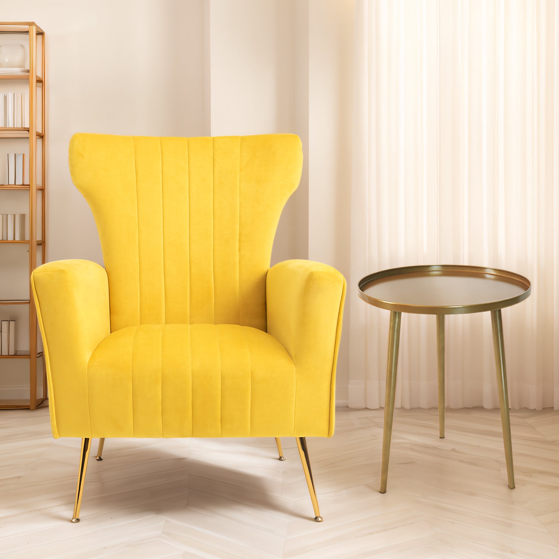 Velvet Accent Chair, Wingback Arm Chair With Gold Legs, Upholstered Single Sofa For Living Room Bedroom Yellow Velvet 1 Seat