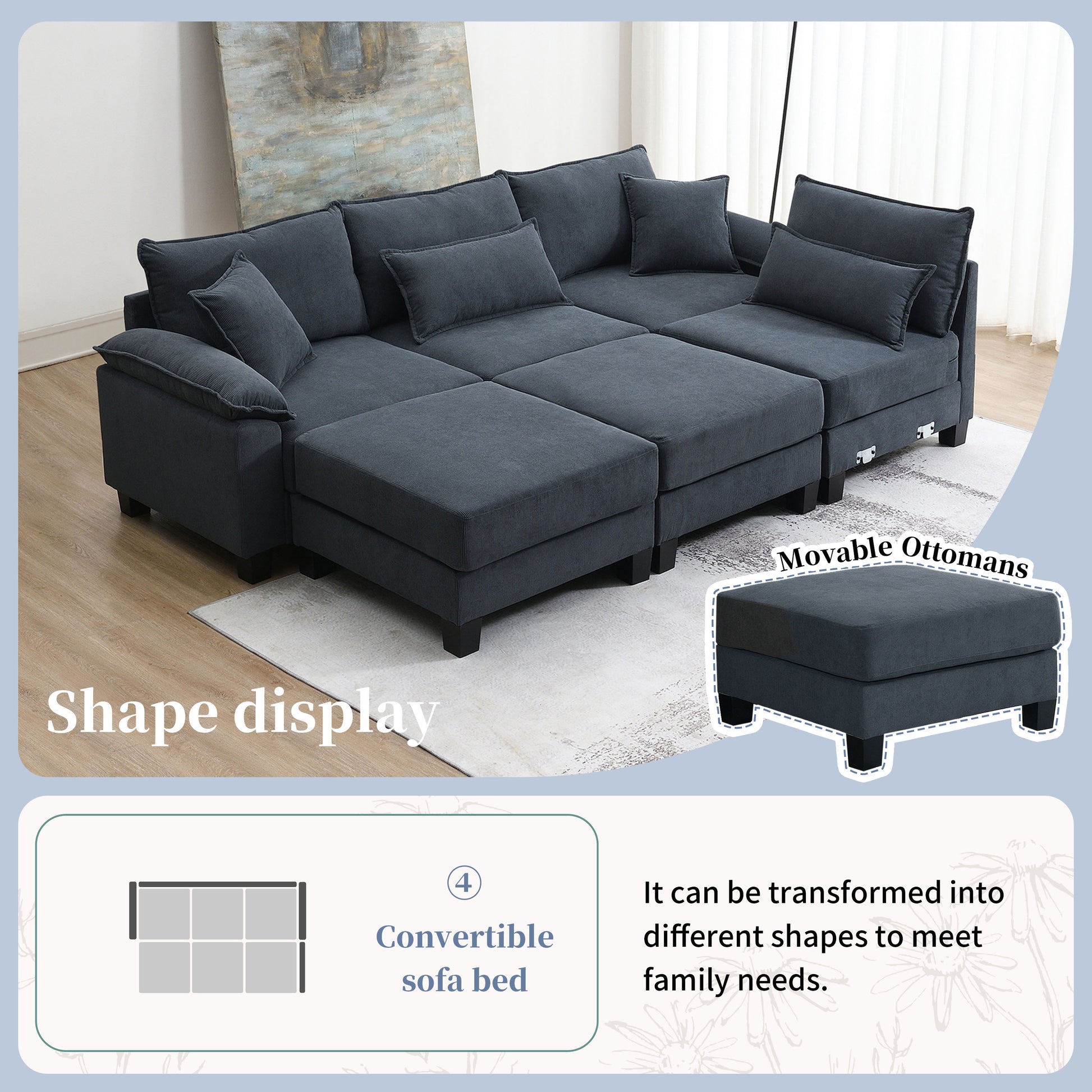 Wide Seat Corduroy Modular Sectional Sofa Bed,Sleeper Couch Set With Armrest Pillow,6 Seat Free Combination Sofa With Ottomans,Oversized Indoor Furniture For Living Room, 2 Colors Gray Corduroy 6