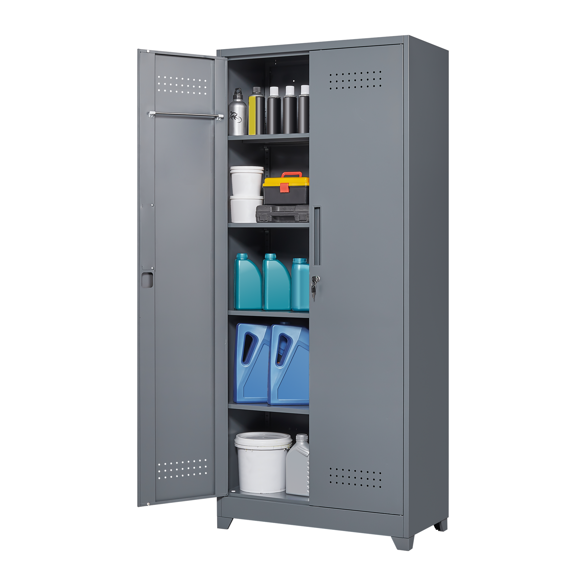 Metal Storage Cabinets, Cleaning Tool Cabinet With Locking Door, Tall Broom Tool Organizer And Storage, Large Storage Cabinet For Kitchen, Pantry, Office, Shop 3 4 Shelves Grey Door Locks Modern Metal