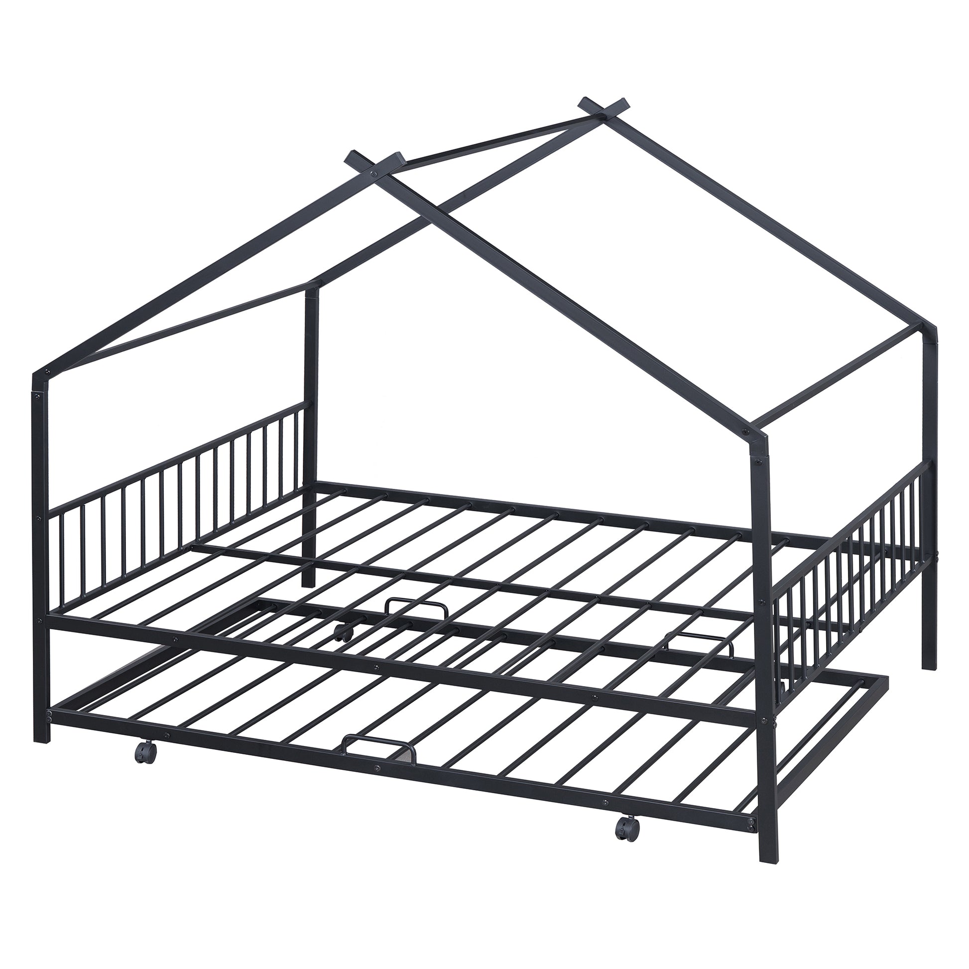 Full Size Metal House Bed With Twin Size Trundle, Black Full Black Metal