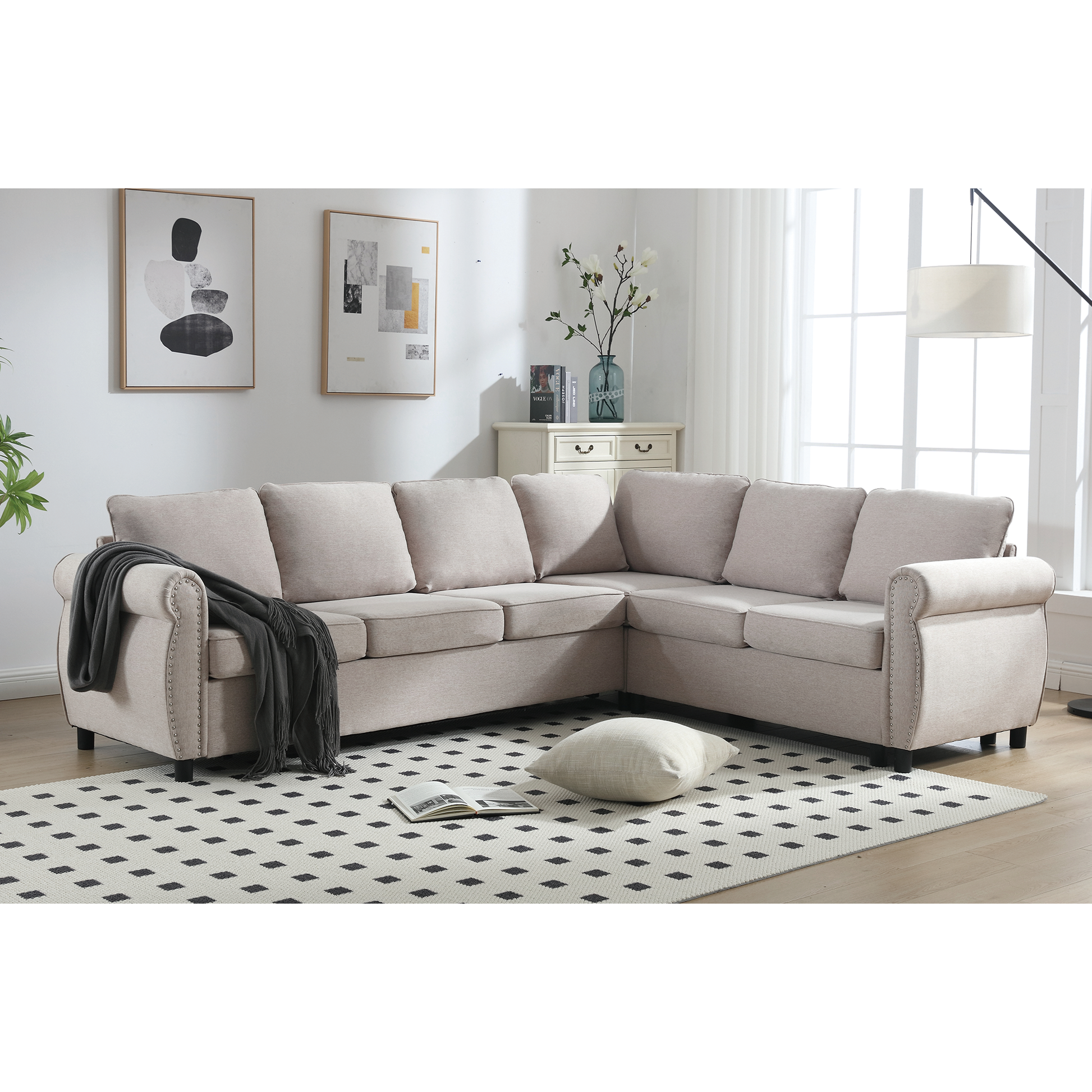 Arrived Sleeper Sofa, 2 In 1 Pull Out Couch Bed,6 Seater Sofa Bed, L Shaped Sleeper Sectional Sofa Couch,Riveted Sofa,104'' Large Combined Sofa Bed In Living Room, Beige Beige Polyester Wood Primary Living Space Medium Soft Cushion Back Modern Polyester