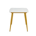 Modern Minimalist Dining Table. White Imitation Marble Patterned Stone Burning Tabletop With Golden Metal Legs. 50 