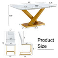 Table And Chair Set, The Table Is Equipped With A Marble Patterned Mdf Tabletop And Gold Table Legs.Dining Chairs,Gold Legged Upholstered Chairs Made Of Artificial Leather. Gold White Seats 4 Mdf