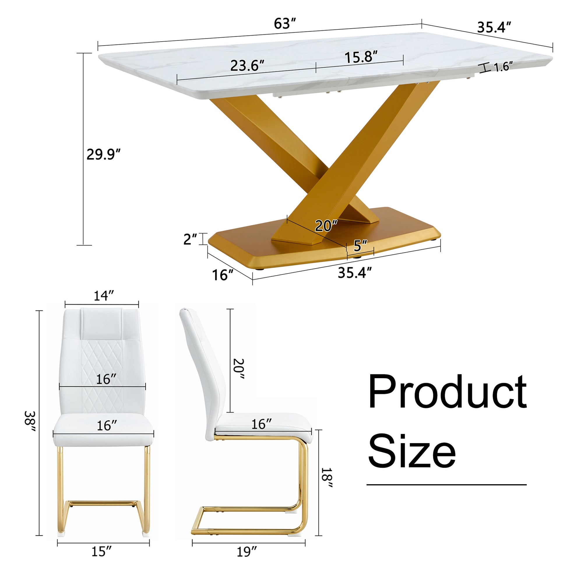 Table And Chair Set, The Table Is Equipped With A Marble Patterned Mdf Tabletop And Gold Table Legs.Dining Chairs,Gold Legged Upholstered Chairs Made Of Artificial Leather. Gold White Seats 4 Mdf