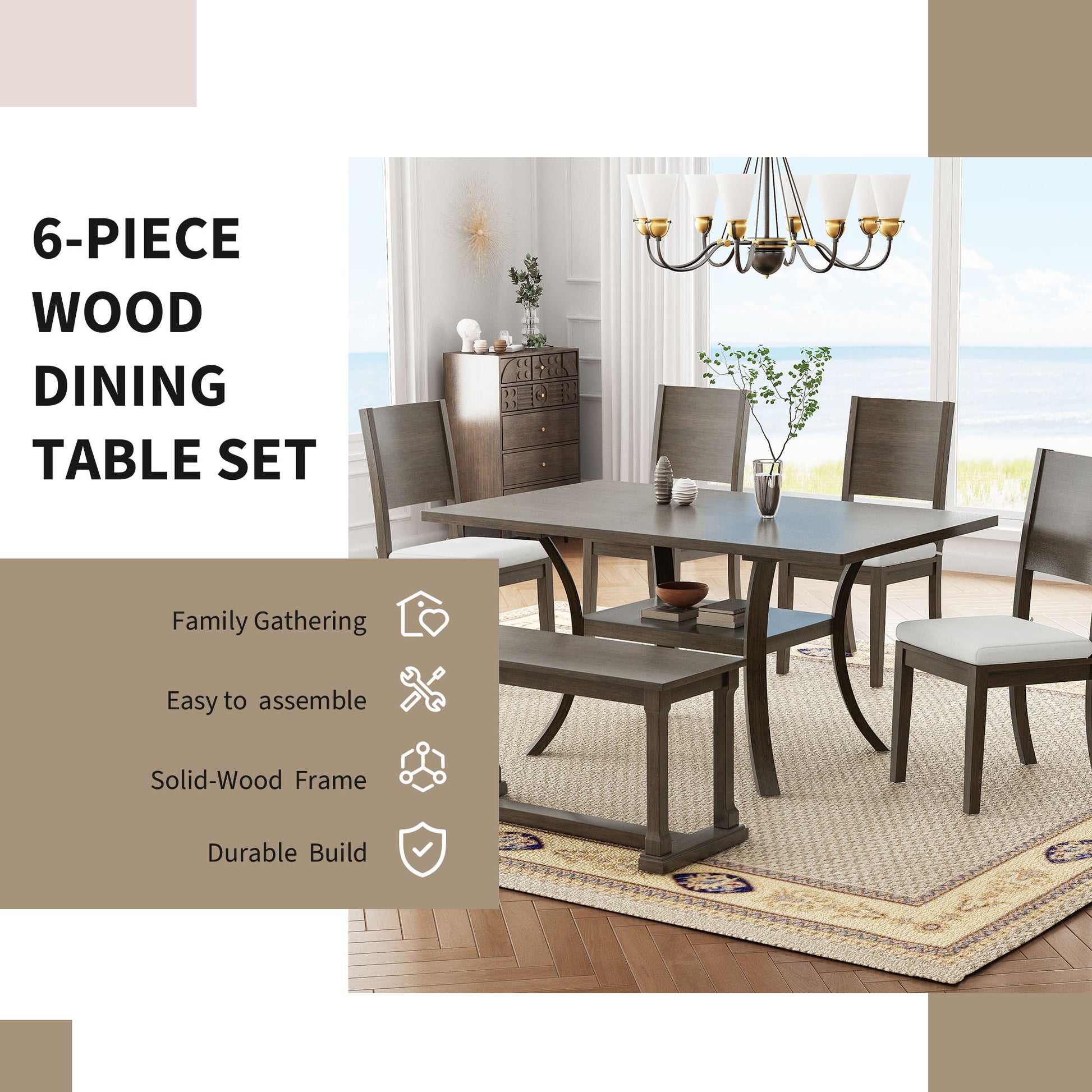 6 Piece Wood Dining Table Set With Storage Shelf And Curved Legs, Kitchen Table Set With Bench And 4 Removable Cushions Dining Chairs, Modern Style, Brown Gray Cushion Wood Dining Room Solid Wood Rubberwood Rectangular Dining Table With Bench Wood Wood