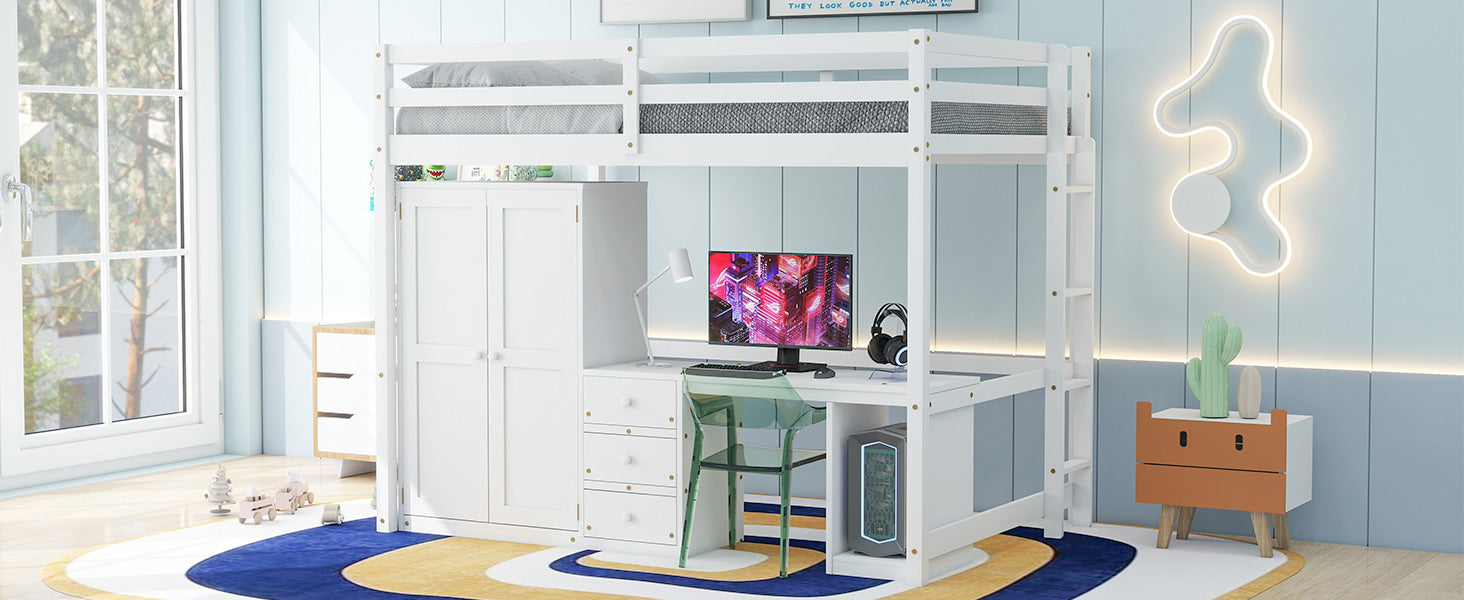 Full Size Loft Bed With Wardrobe, Desk And Storage Drawers, White Full White Pine