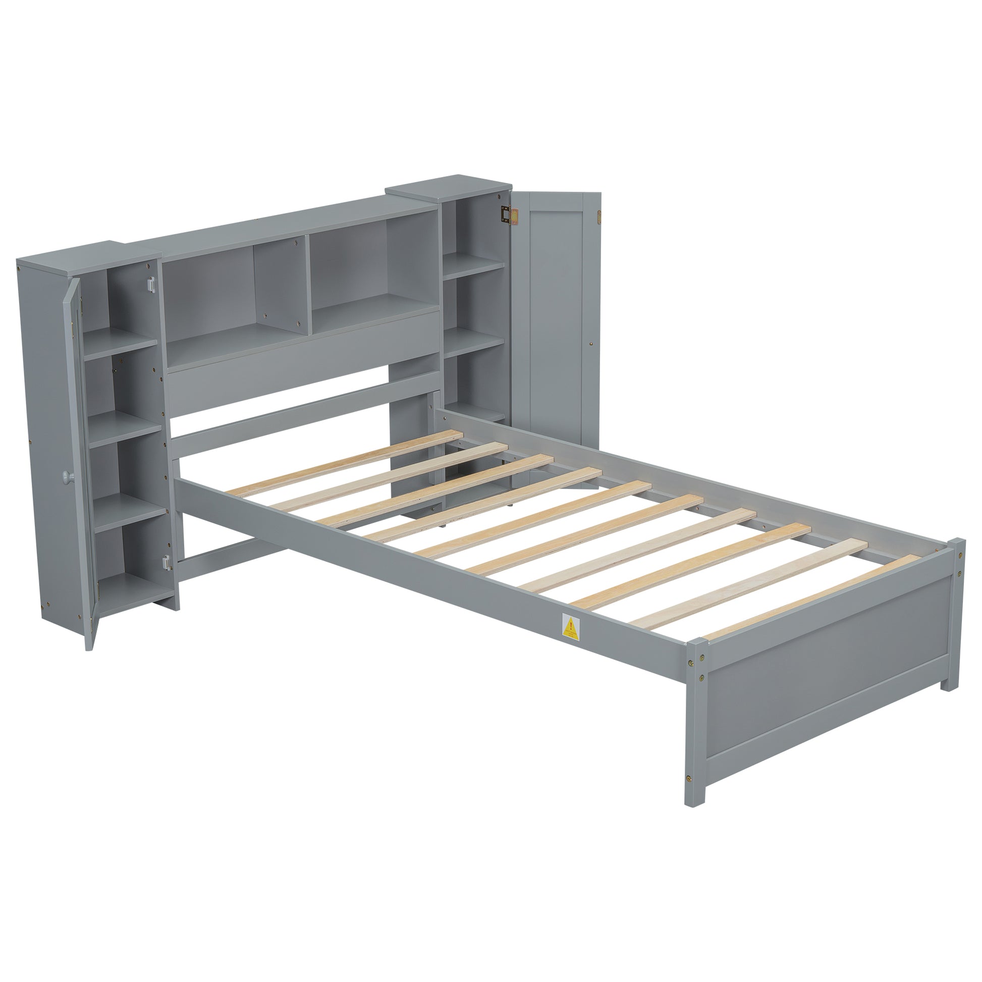Twin Size Platform Bed With Storage Headboard And Lockers, Gray Twin Box Spring Not Required Gray Wood Bedroom Solid Wood Mdf