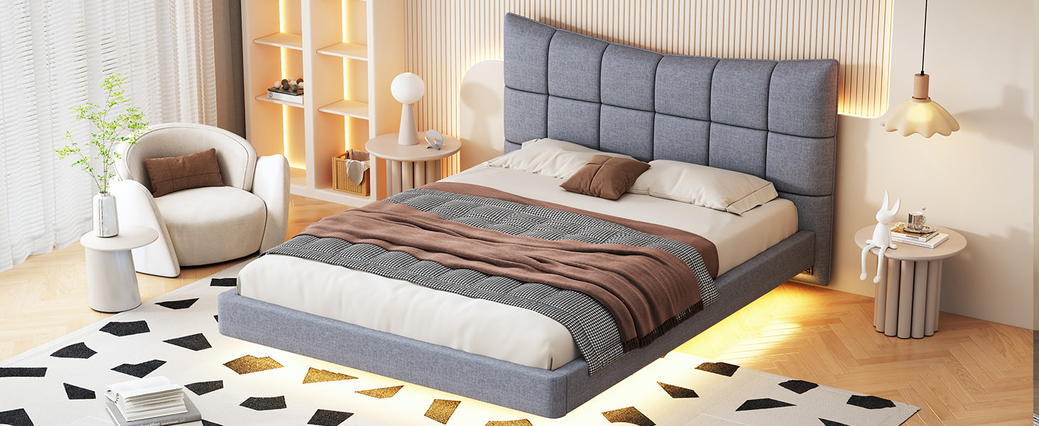 Full Size Upholstered Platform Bed With Led Lights,Usb Ports And Outlets,Linen Fabric,Gray Full Gray Wood Metal