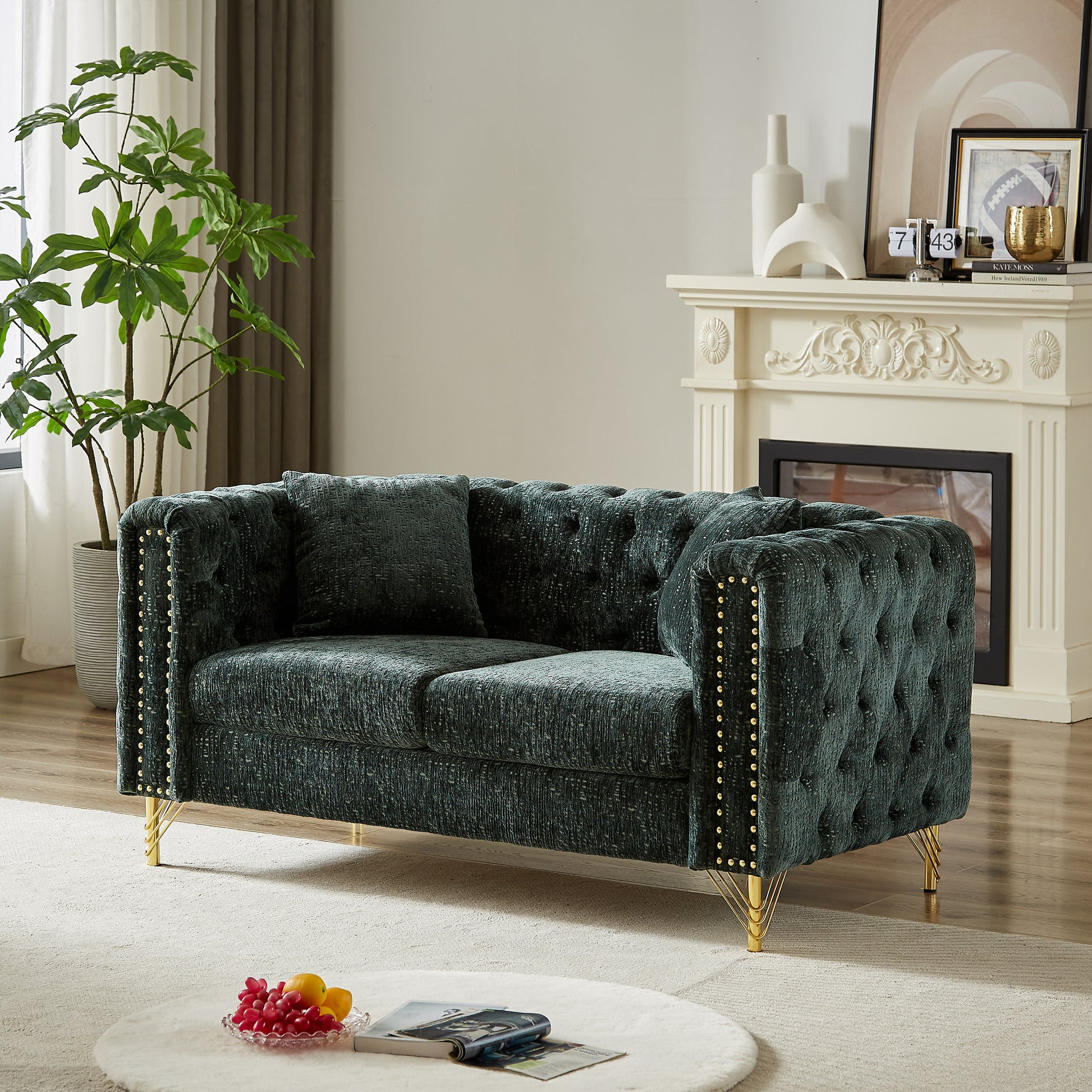 60 Inch Chenille Pull Buckle Design Sofa For Living Room,Buttons Tufted With Copper Nail Decoration Armrest, Modern Couch Upholstered Button And Metal Legs Green Foam Chenille 2 Seat