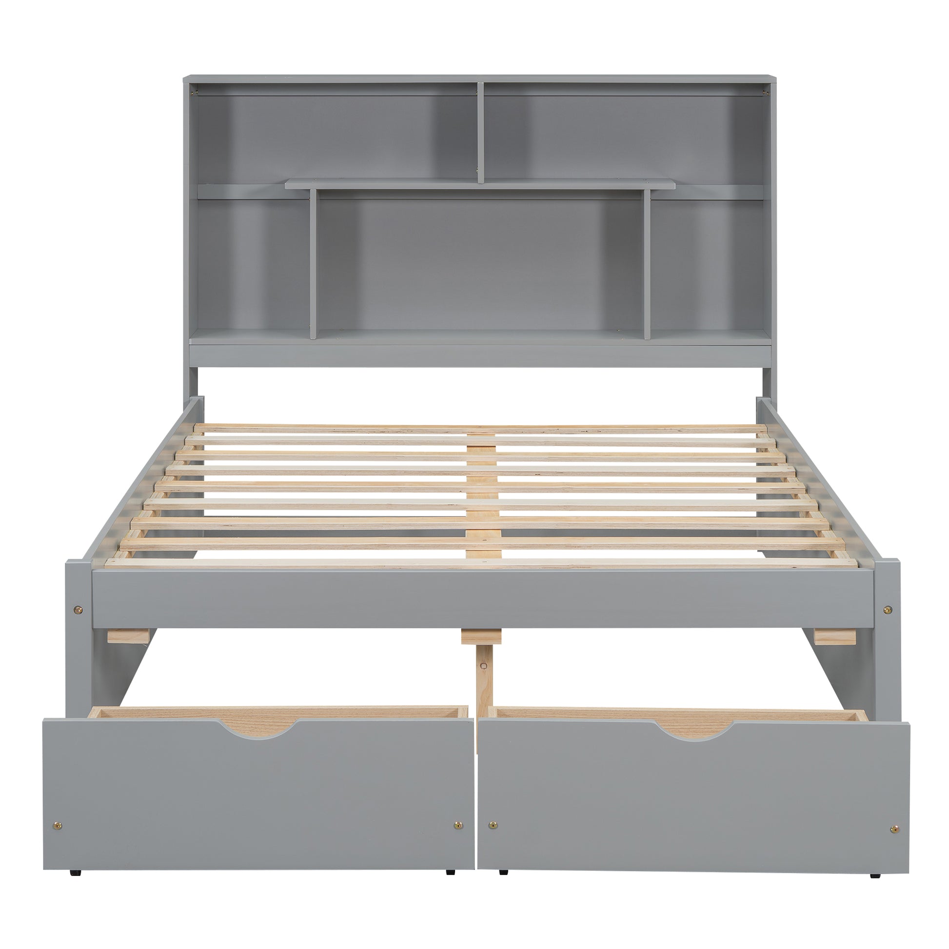Full Size Platform Bed With Storage Headboard And 2 Drawers, Gray Box Spring Not Required Full Gray Wood Bedroom Bed Frame Solid Wood Mdf