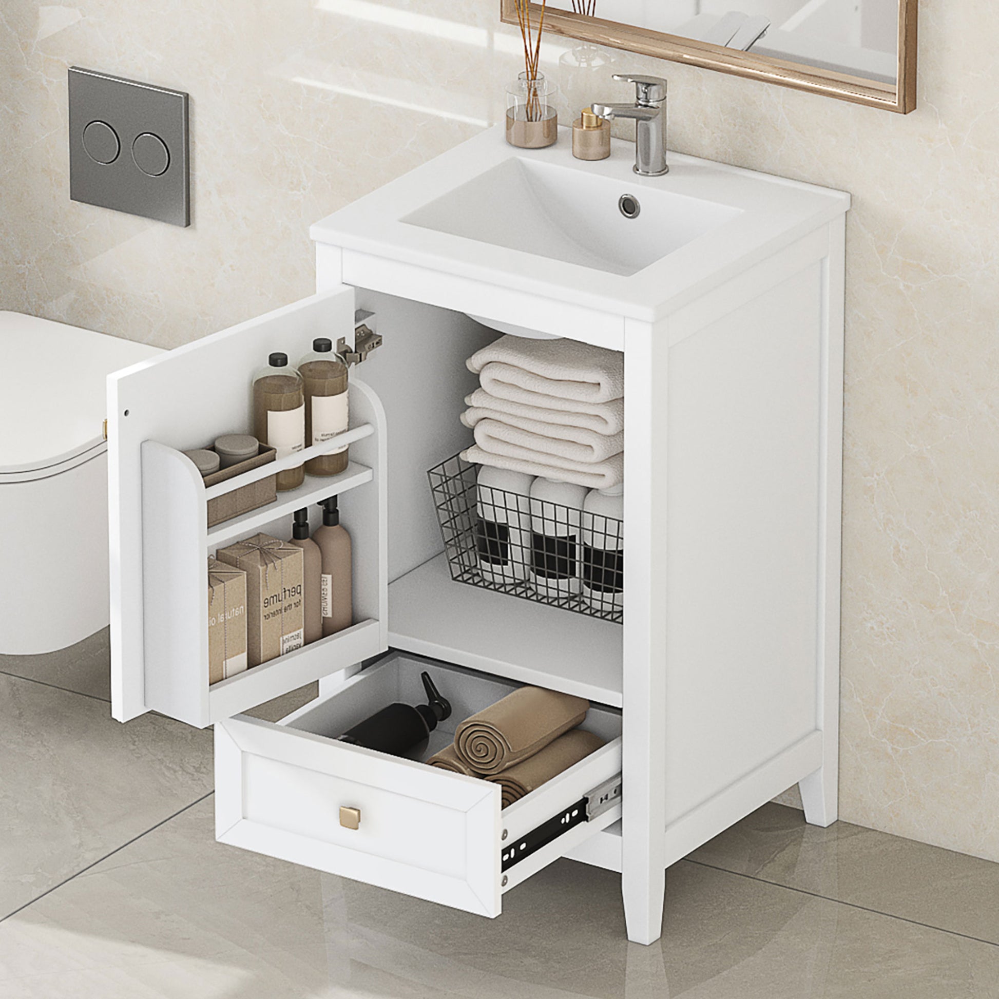 20" Bathroom Vanity With Sink, Bathroom Cabinet With Soft Closing Door, Storage Rack And A Drawer, White White Mdf