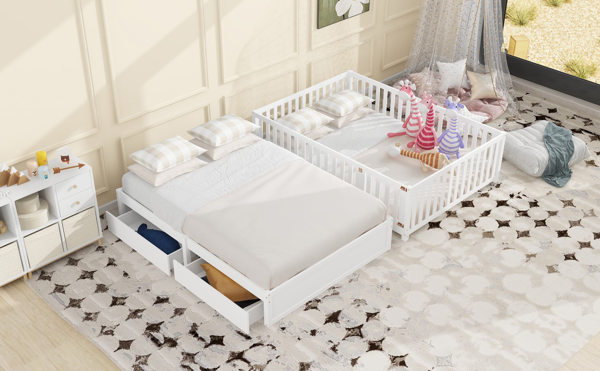 Full Size Wood Daybed With Fence Guardrails And 2 Drawers, Split Into Independent Floor Bed & Daybed, White Old Sku :Lp000882Aak Full White Solid Wood Mdf