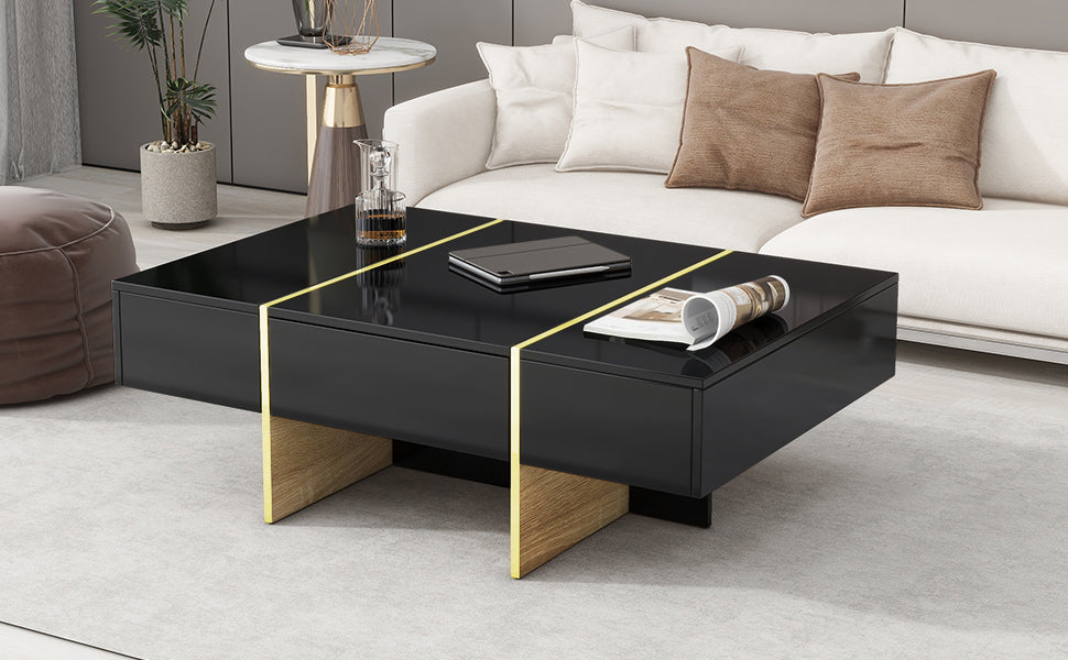 47.2'' X 31.4''Minimalist High Gloss Coffee Table With 2 Drawers, Multi Storage Rectangle Sofa Table With Golden Wood Grain Legs, Modern Center Table For Living Room, Black Black Particle Board Mdf