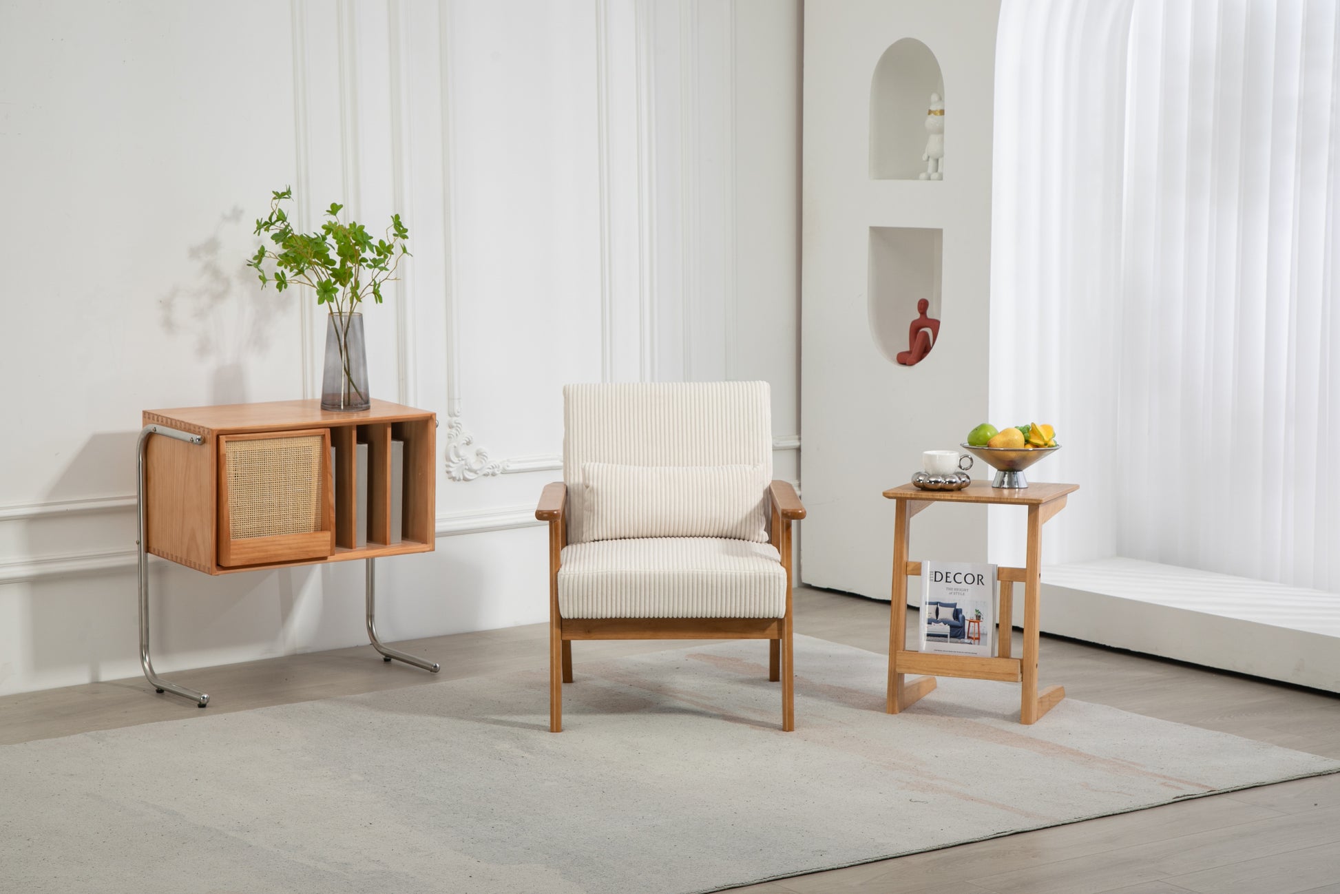 Leisure Chair With Solid Wood Armrest And Feet, Leisure Chair, Wood Frame, Velvet, L, Solid Rubber Wood Legs, Mid Century Modern Accent Chair, For Living Room Bedroom Studio Chair Beige Corduroy