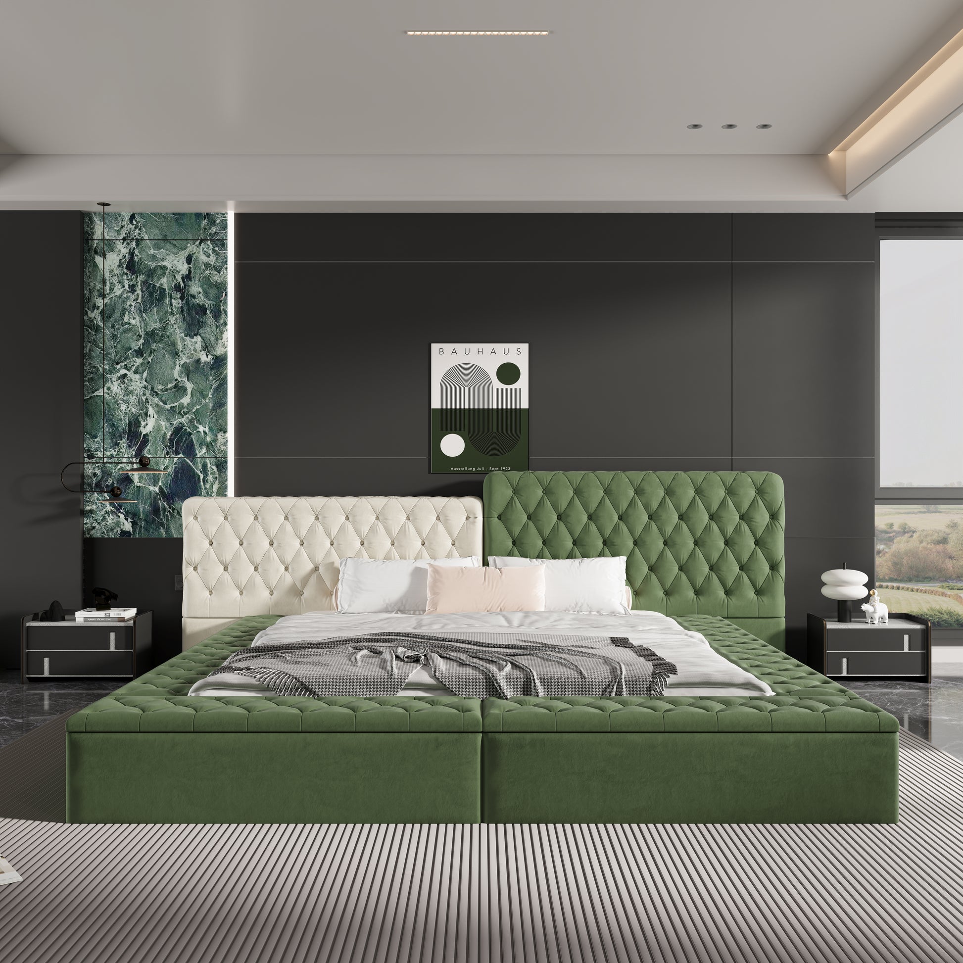 Contemporary Special Shaped Fully Upholstered Bed With Deep Button Tufting And Storage Compartments In Rails And Footboard,No Box Spring Needed,King,Green Box Spring Not Required King Green Solid Wood