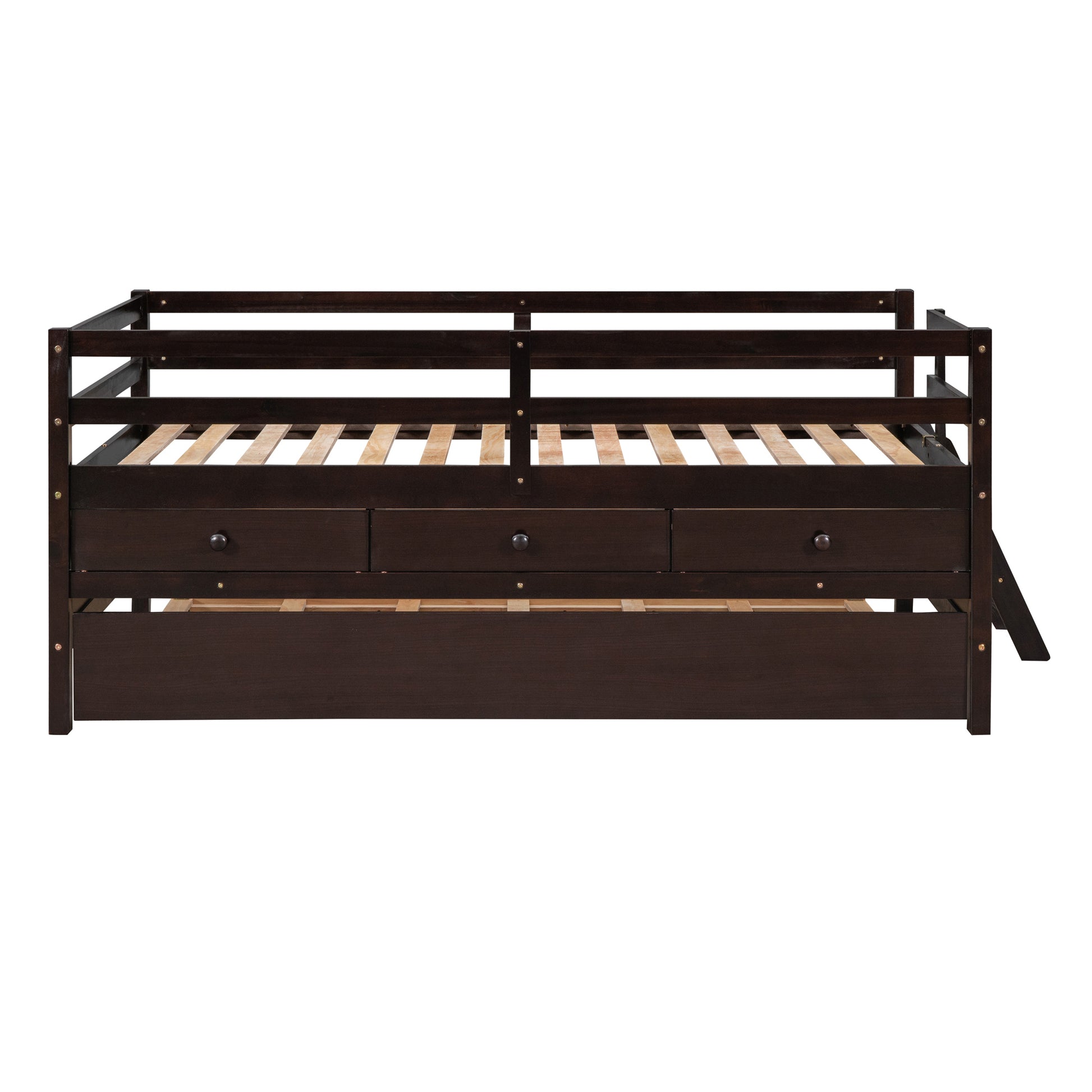 Low Loft Bed Twin Size With Full Safety Fence, Climbing Ladder, Storage Drawers And Trundle Espresso Solid Wood Bed Espresso Solid Wood