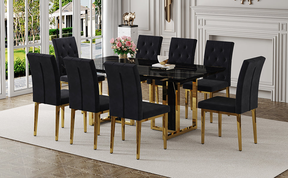 Table And Chair Set.Morden Luxurious Black Rectangular Patterned Dining Table With Glass Tabletop.Paried With 8 Dining Chairs, Modern Kitchen Upholstered High Backrest, Metal Leg. Black Gold Seats 8 Mdf Glass