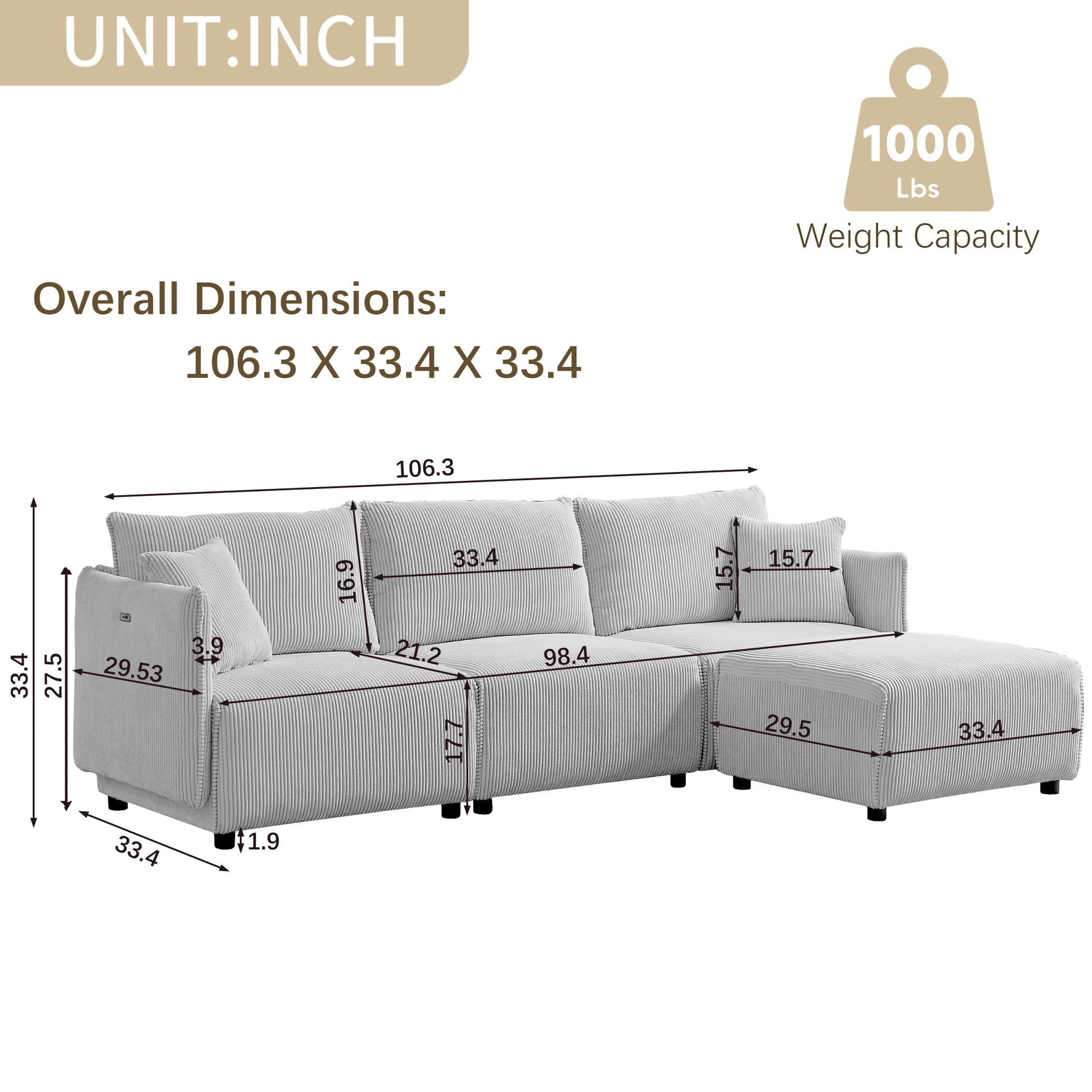 106" Multi Module Combination Style Sofa For Living Room, Bedroom And Other Lounge Spaces, Modern Minimalist Corduroy Combination Sofa With 2 Comfort Cushions With Usb & C Charging Ports,Beige Beige Foam Fabric 4 Seat
