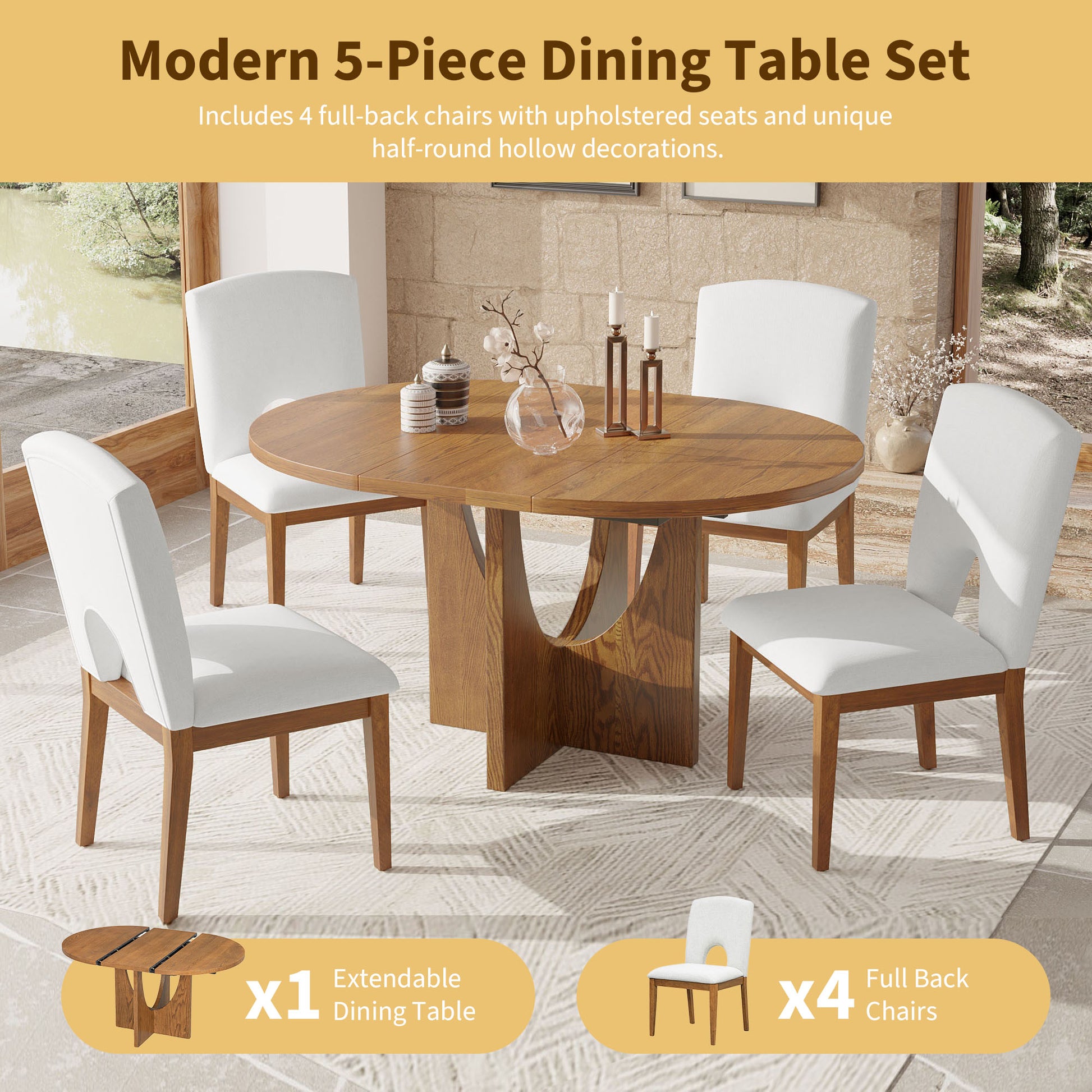 Modern 5 Piece Extendable Round Dining Table Set With 16.2Inch Removable Leaf For Small Places, Walnut Beige Wood Dining Room Solid Wood Rubberwood Round Dining Table With Chair Upholstered Chair Wood Walnut Seats 4 Removable Leaf Contemporary Round