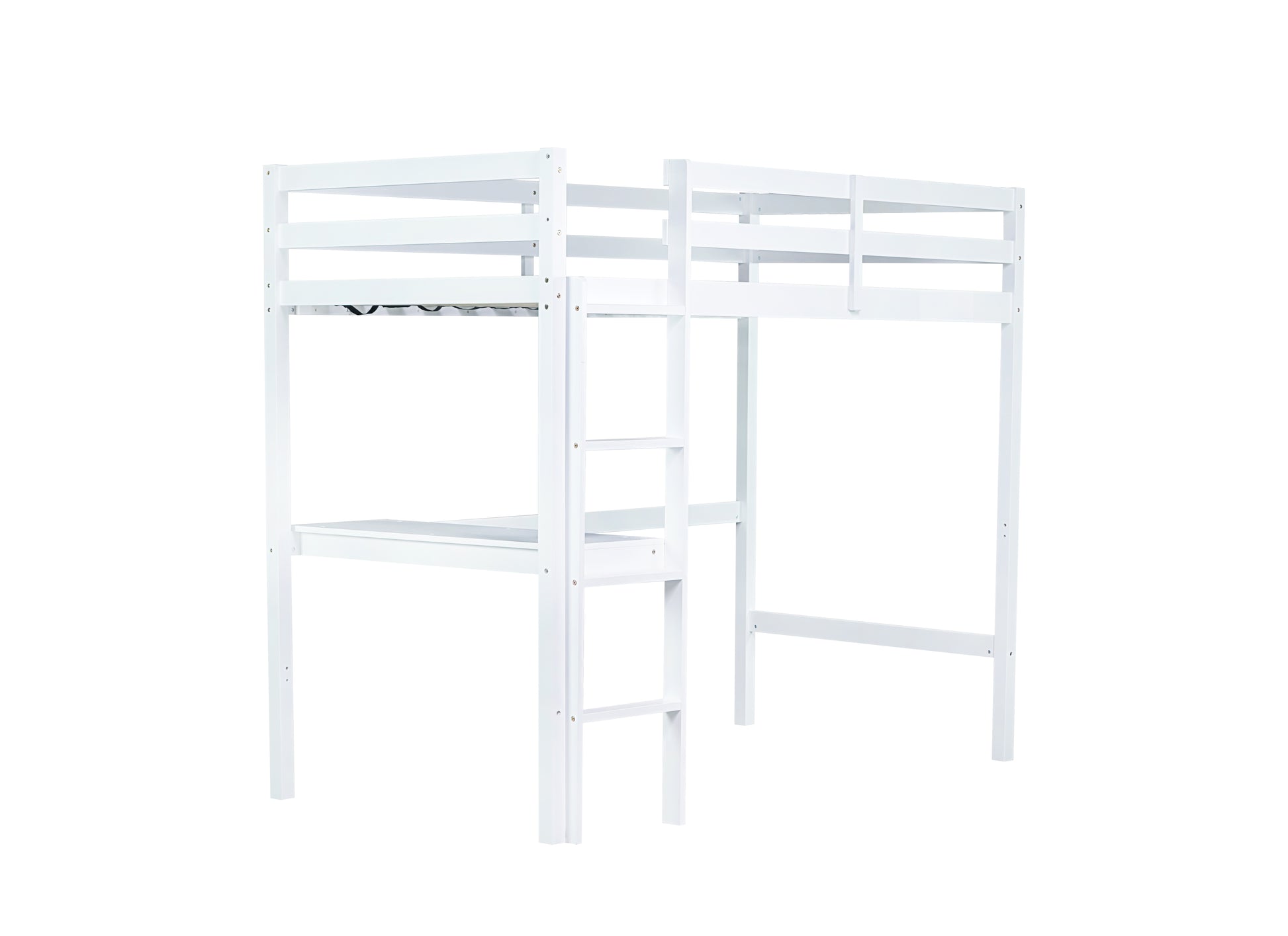 Twin High Loft Bed, Rubber Wood Loft Bed With Safety Guardrail, Built In Desk, Ladder,White Twin White Rubber Wood