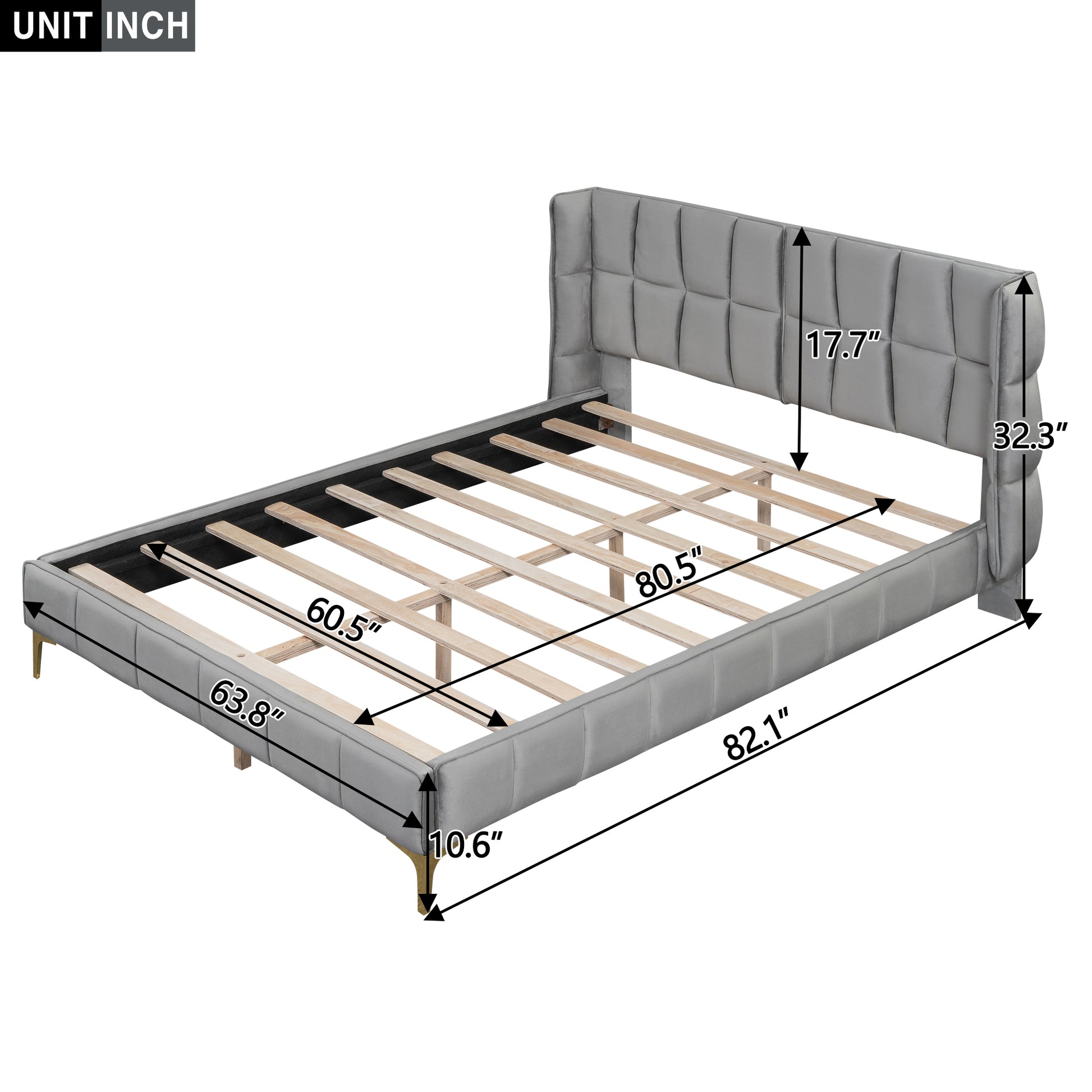 Queen Size Upholstered Velvet Platform Bed, Gray Box Spring Not Required Queen Gray Wood Bedroom Bed Frame Velvet Upholstered