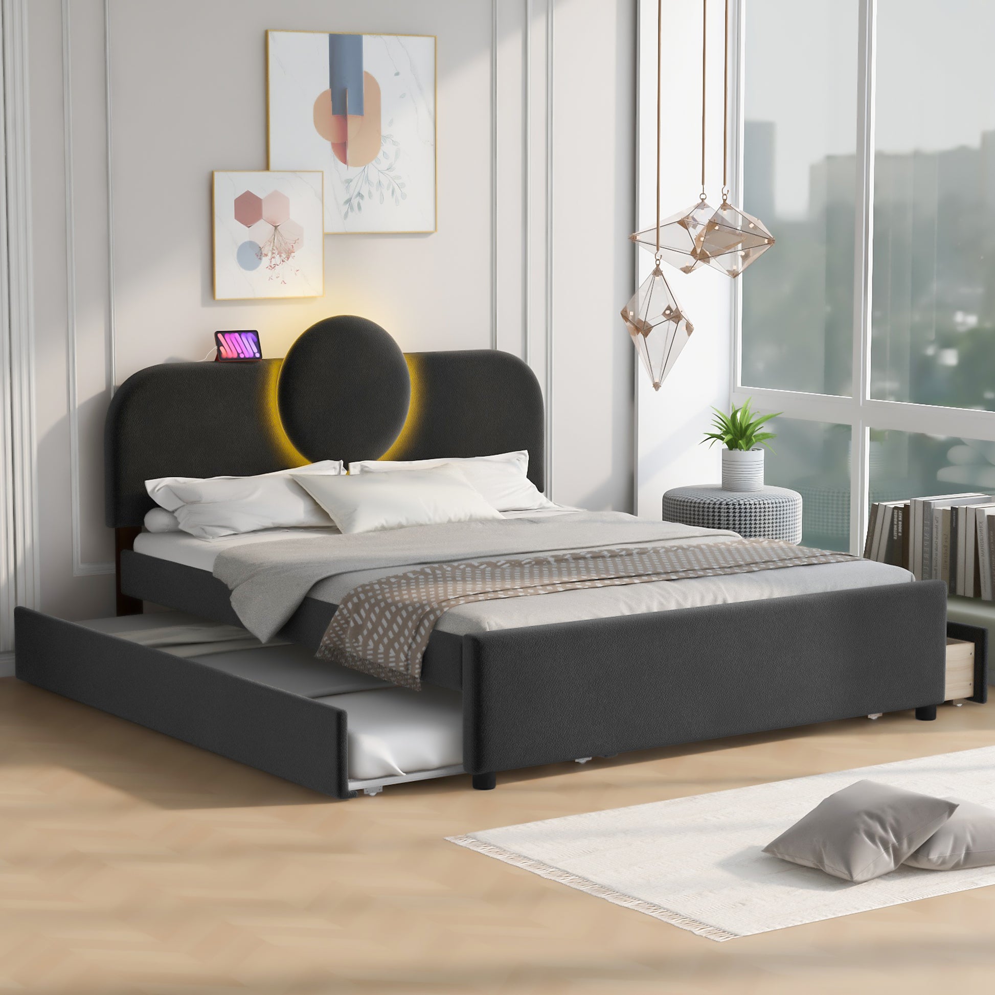 Queen Size Upholstered Platform Bed With Multi Functional Headboard, Trundle And 2 Drawers, Gray Box Spring Not Required Queen Gray Wood Bedroom Upholstered